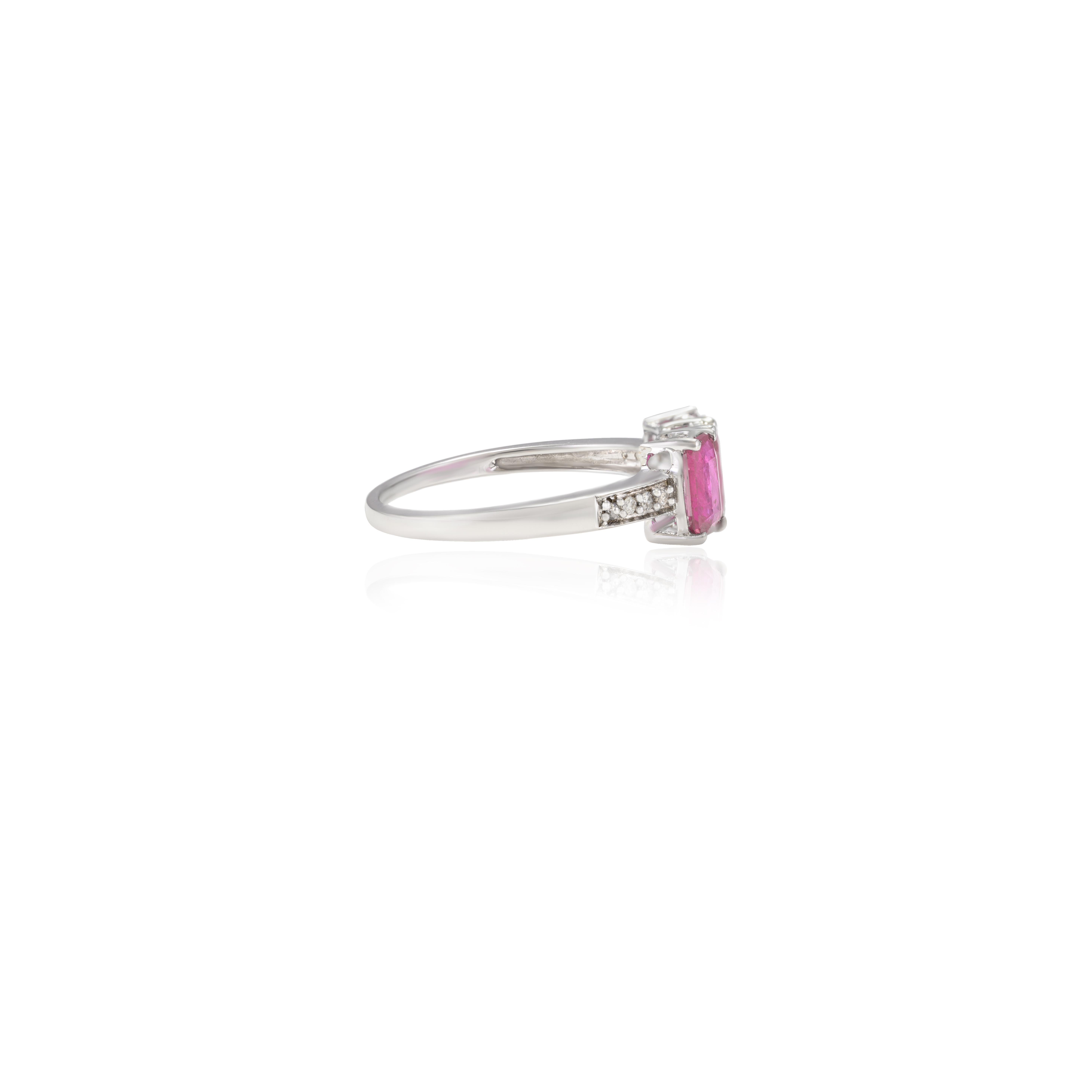For Sale:  Three Stone Emerald Cut Ruby and Diamond Accent Ring in 14k White Gold 7