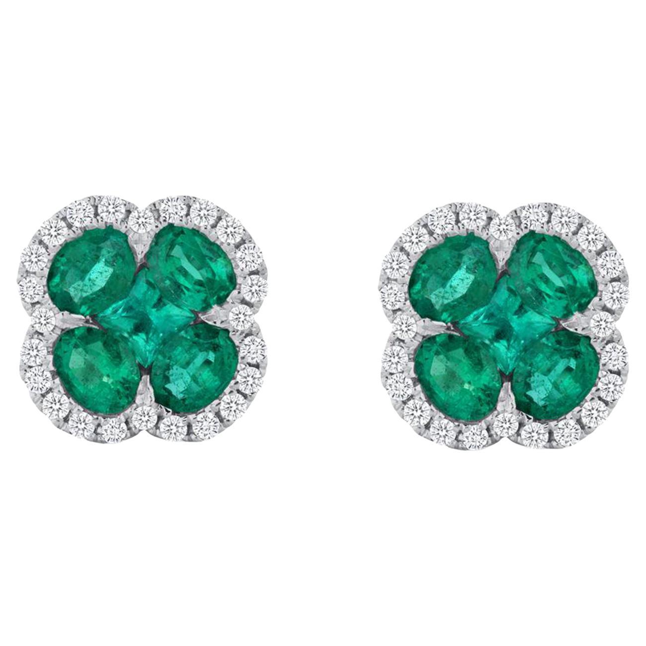 1.32 CT Natural Emerald 0.35 CT Diamonds 18K Gold Stud Four Leaf Clover Earrings For Sale