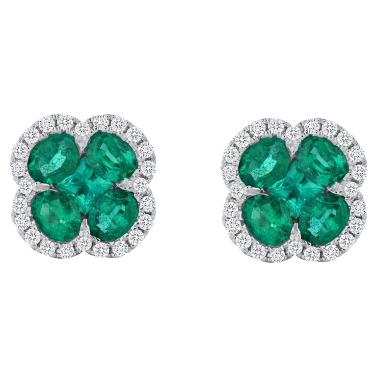 18K Gold and Emeralds Four Leaf Clover Stud Earrings 