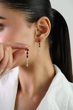 Pendientes de Gota de Oro Amarillo de 14k con Rubí Rojo Natural y Diamantes en Forma de Pera de 1,32 qt