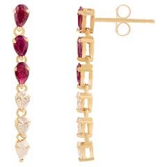 Pendientes de Gota de Oro Amarillo de 14k con Rubí Rojo Natural y Diamantes en Forma de Pera de 1,32 qt