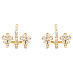 1.32 CT Round Brilliant Diamond Flower Multi-Row Hoop Earrings 18K Yellow Gold