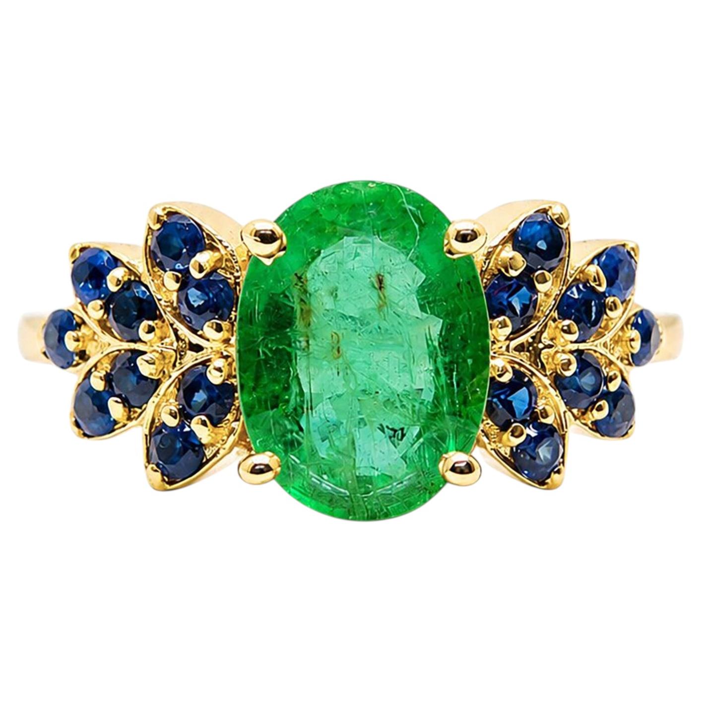 1.32 Ct Zambian Emerald Flower Solitaire Ring 14K Gold Emerald Sapphire Band