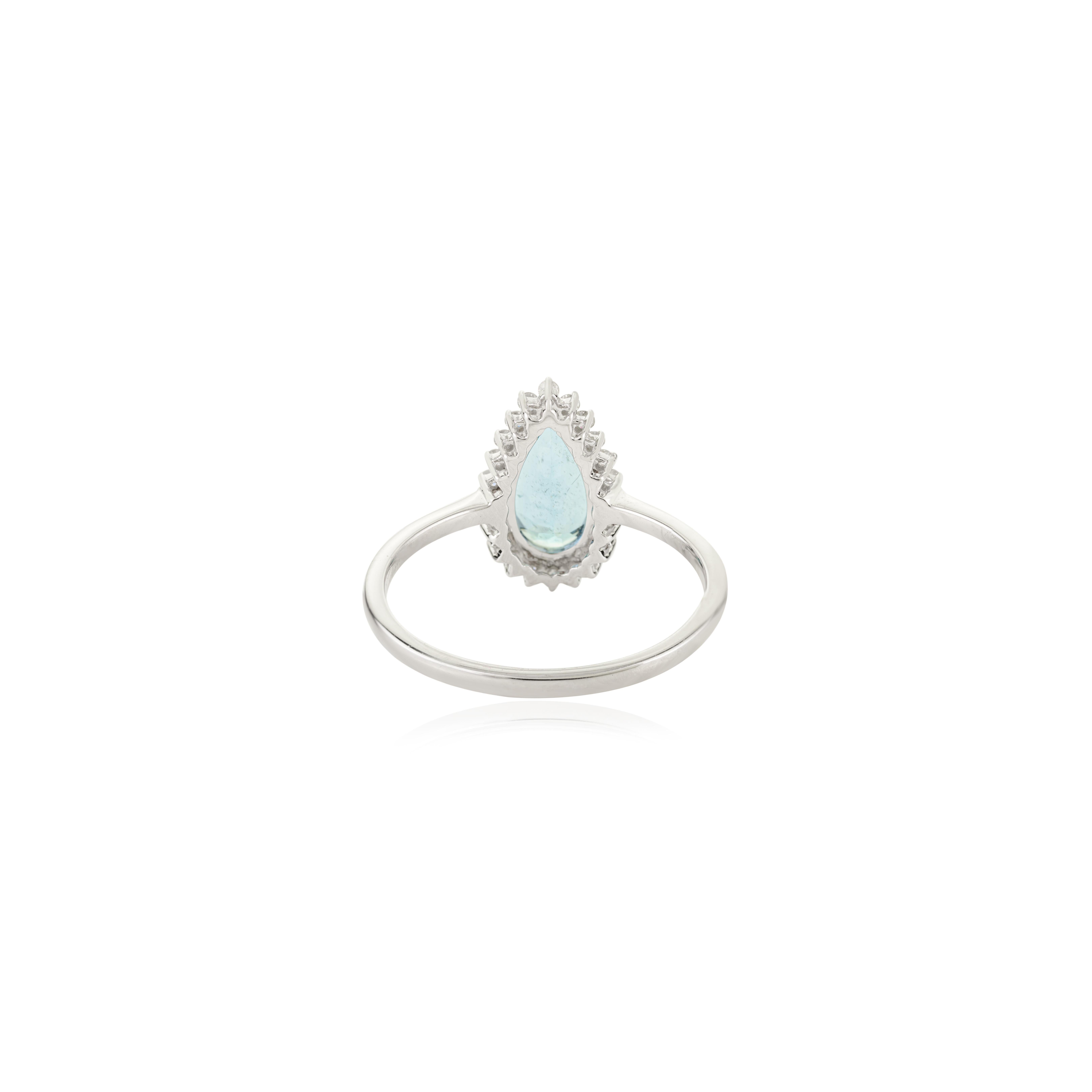 En vente :  1.32 CTW Aigue-marine en forme de poire et bague de fiançailles en or blanc 14k avec halo de diamants 3