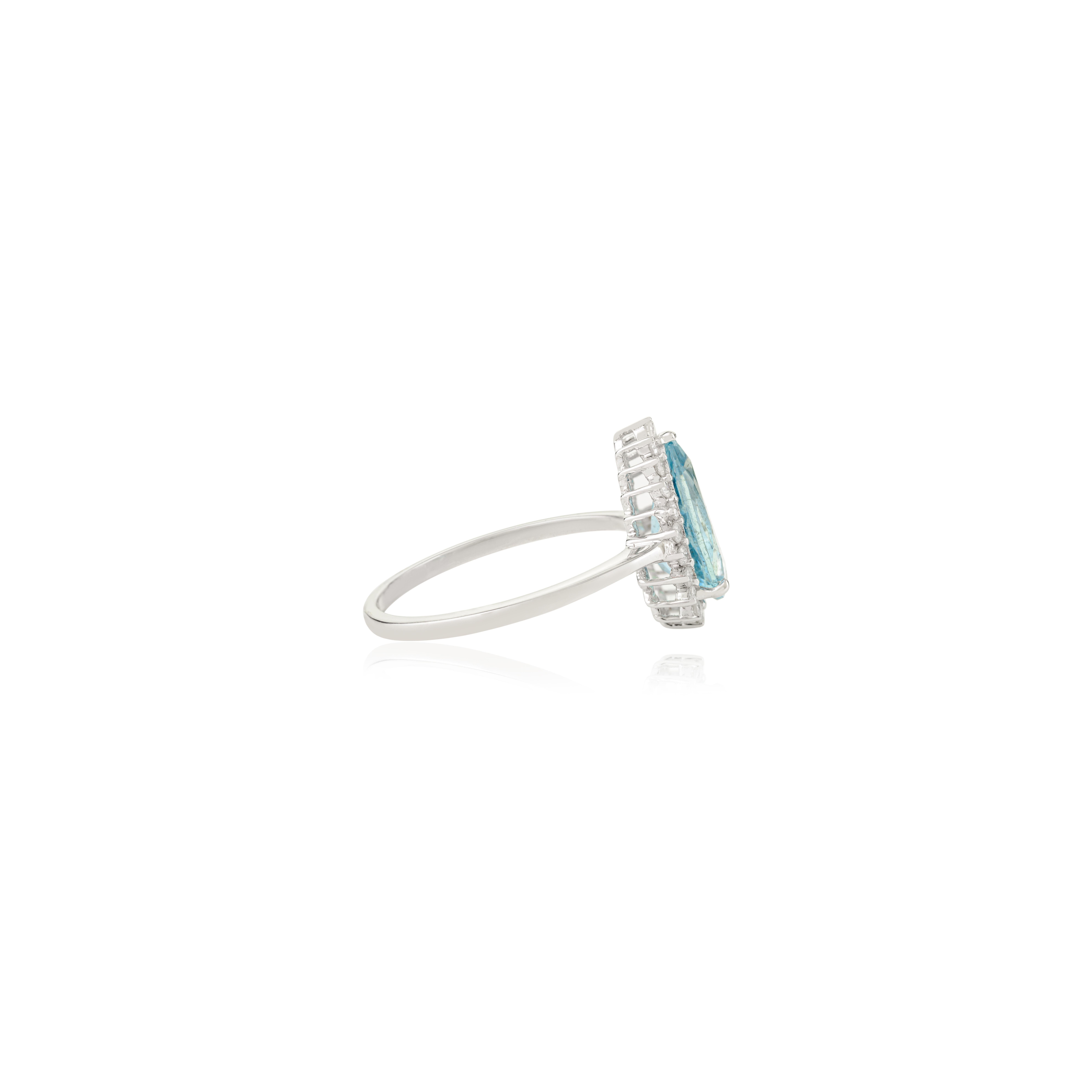 En vente :  1.32 CTW Aigue-marine en forme de poire et bague de fiançailles en or blanc 14k avec halo de diamants 5