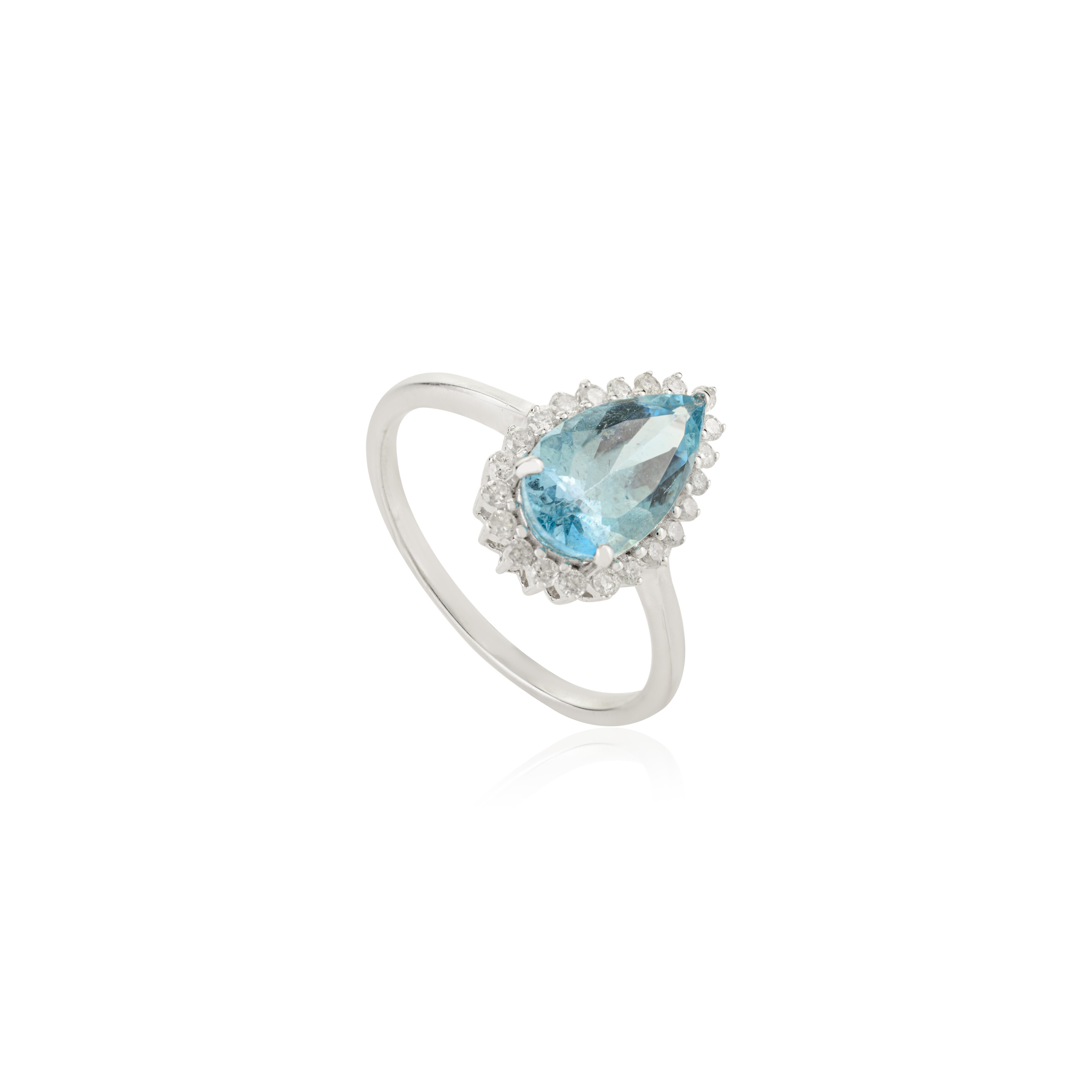 En vente :  1.32 CTW Aigue-marine en forme de poire et bague de fiançailles en or blanc 14k avec halo de diamants 7