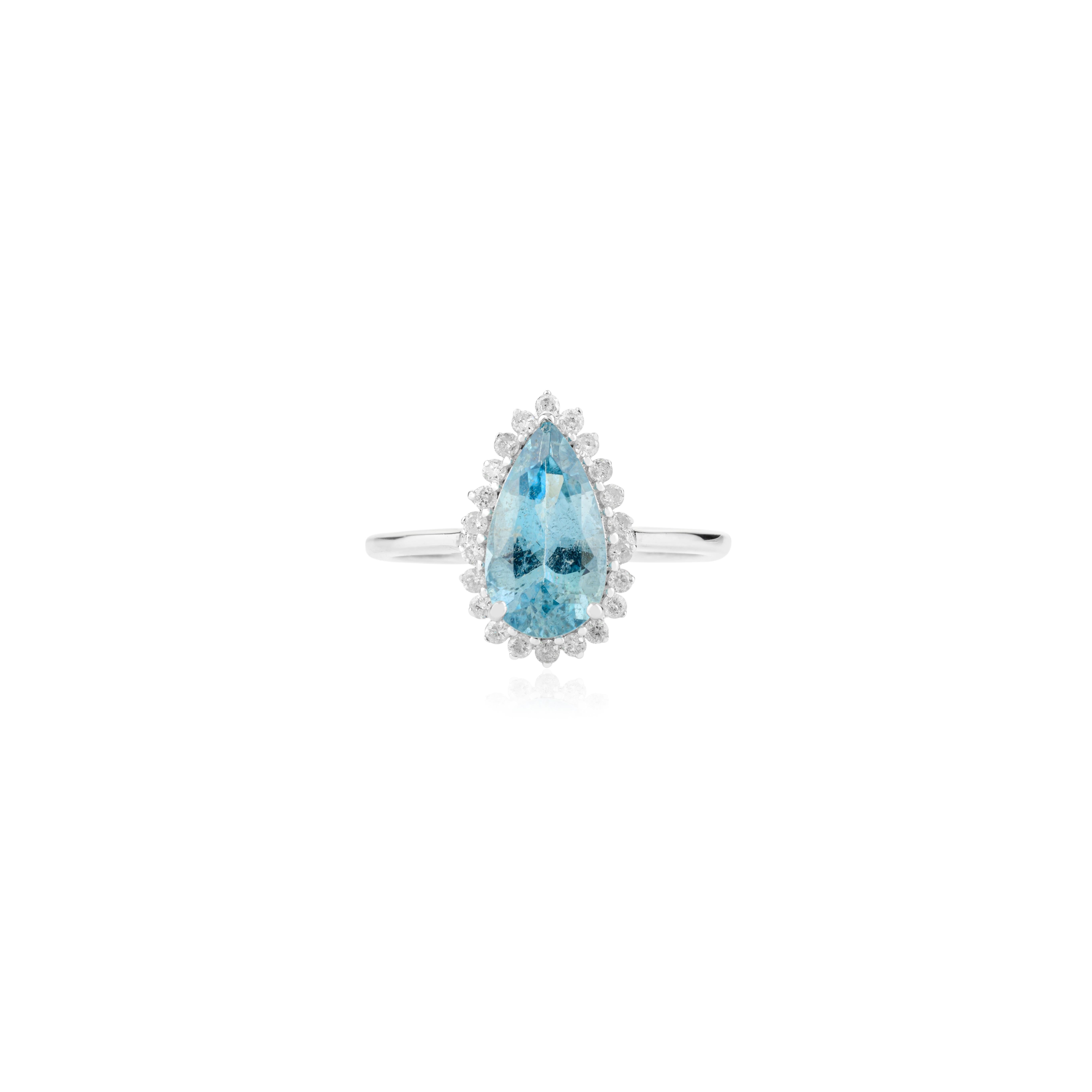 En vente :  1.32 CTW Aigue-marine en forme de poire et bague de fiançailles en or blanc 14k avec halo de diamants 9