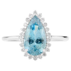 1.32 CTW Aigue-marine en forme de poire et bague de fiançailles en or blanc 14k avec halo de diamants