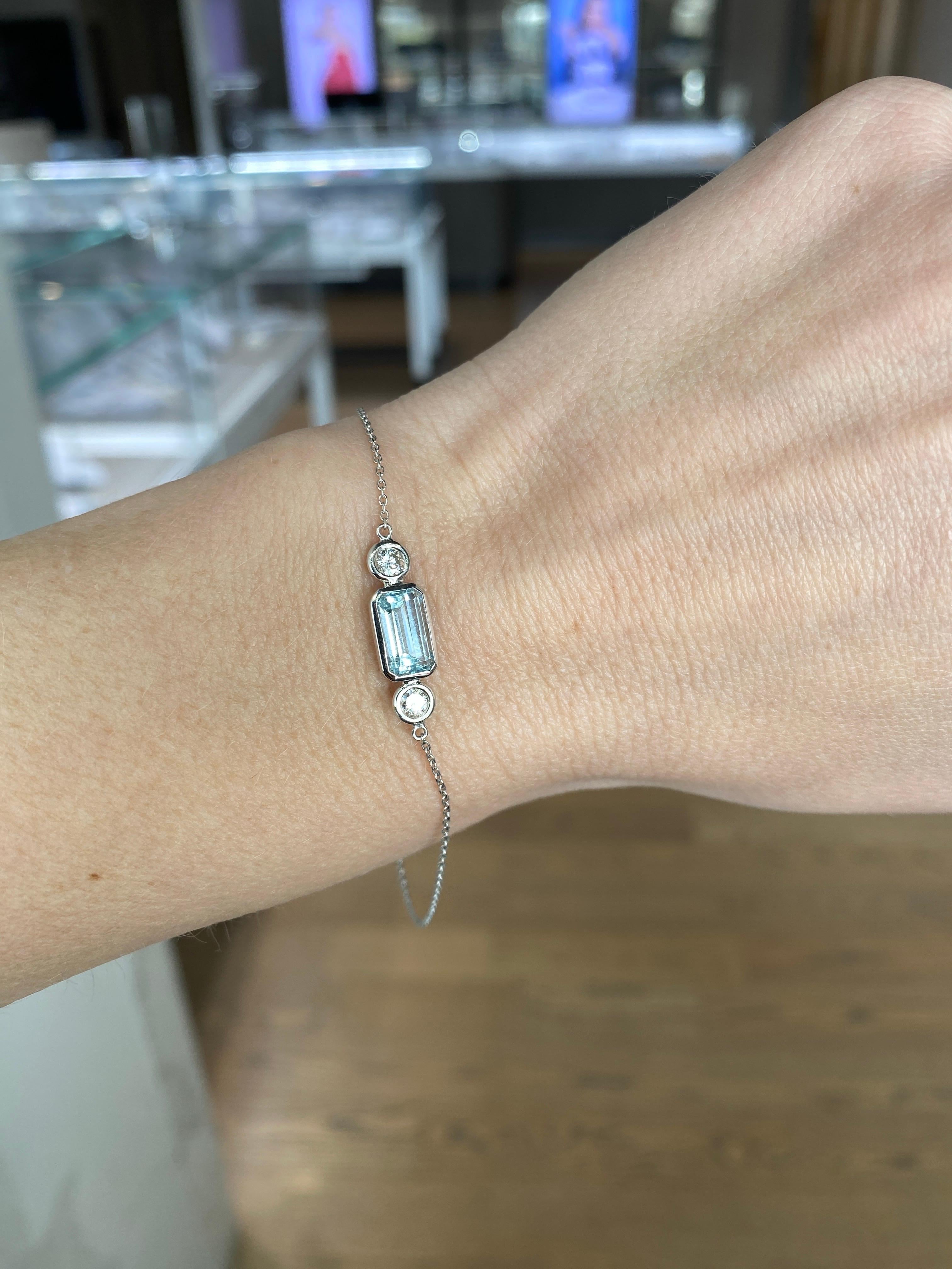 Women's or Men's 1.32 Emerald Cut Bezel Set Aquamarine and Diamond Bracelet For Sale