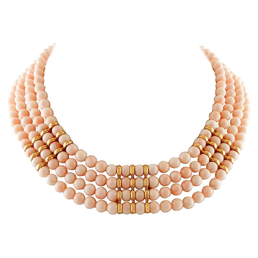 132 g Angel Skin Pink Coral, 18 Karat Yellow Gold Closure Multi-Strand Necklace For Sale
