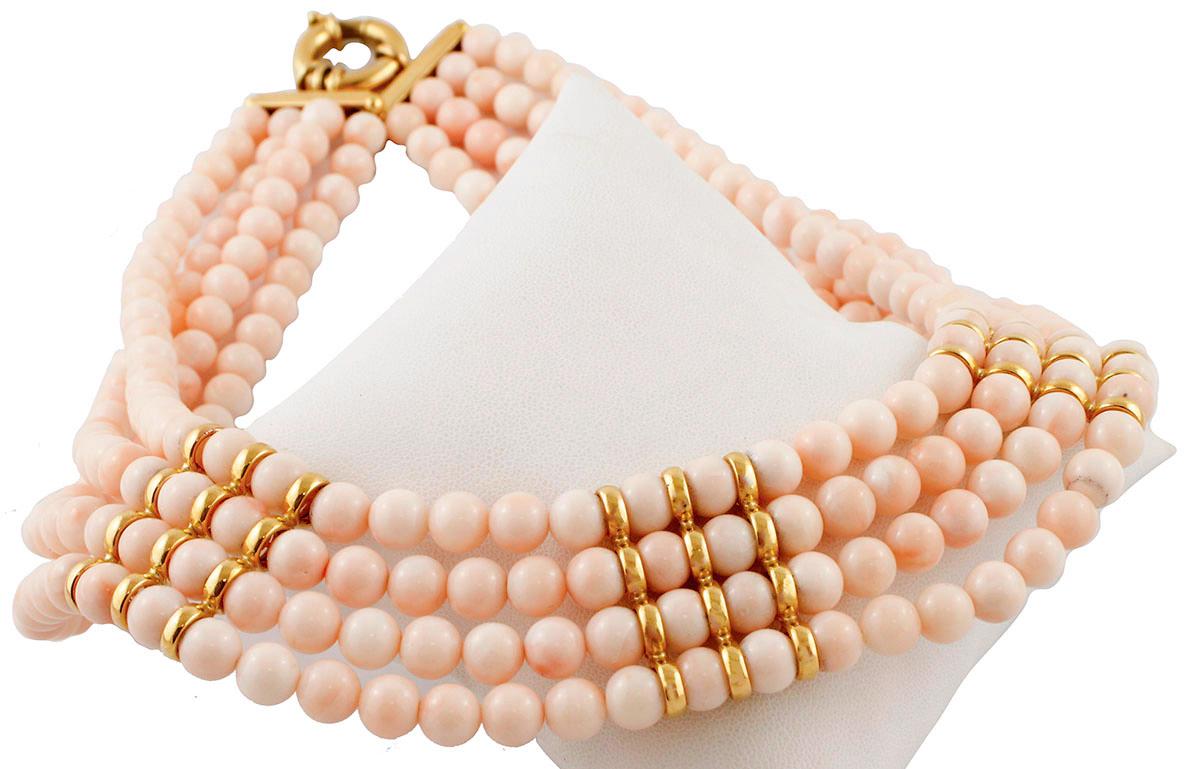 Retro 132 g Angel Skin Pink Coral, 18 Karat Yellow Gold Closure Multi-Strand Necklace For Sale