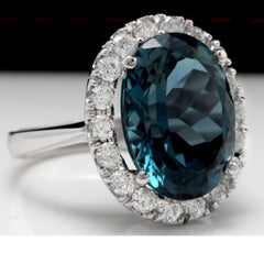 13.20 Carat Natural Impressive London Blue Topaz and Diamond 14K White Gold Ring