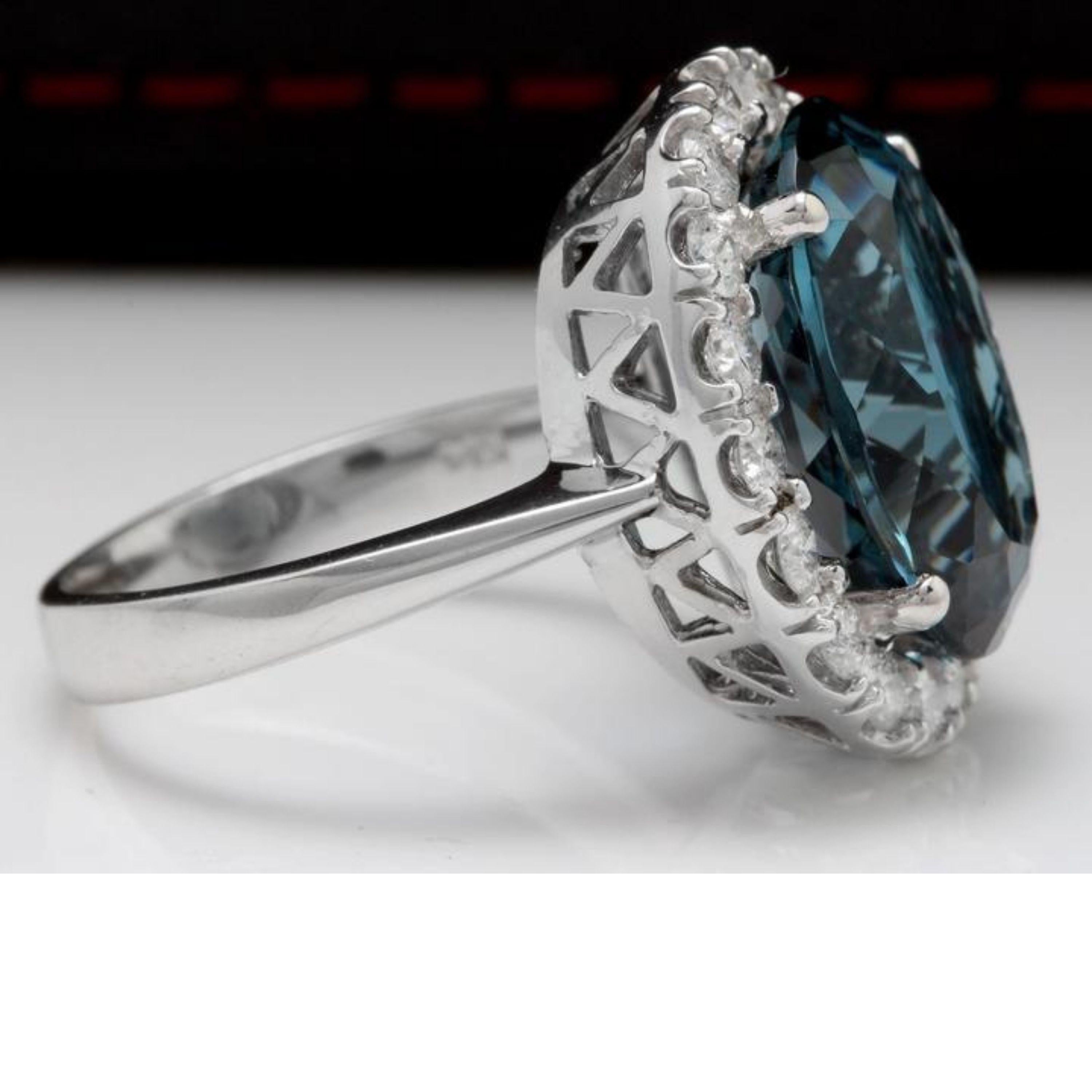 Mixed Cut 13.20 Carat Natural Impressive London Blue Topaz and Diamond 14K White Gold Ring For Sale