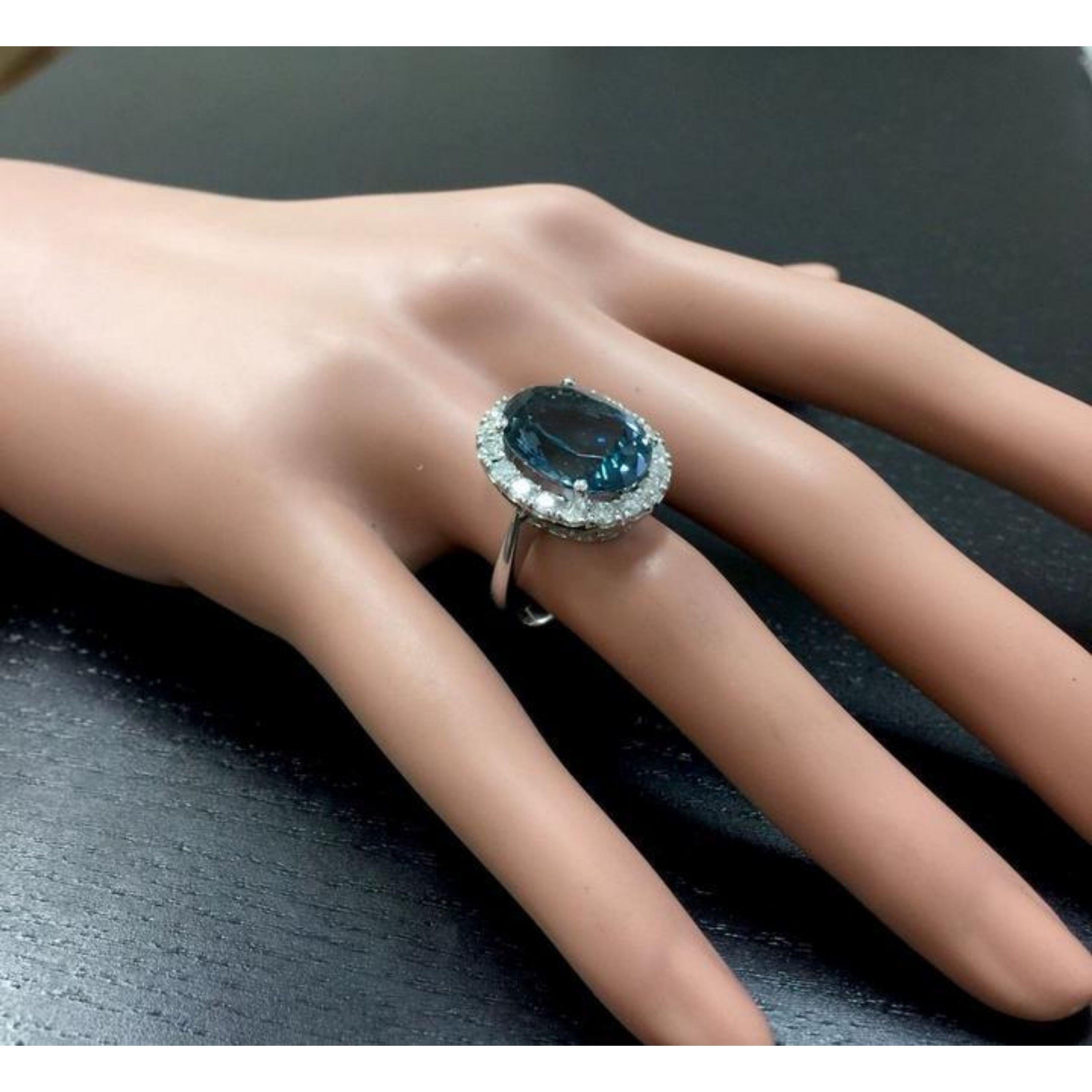 13.20 Carat Natural Impressive London Blue Topaz and Diamond 14K White Gold Ring For Sale 1