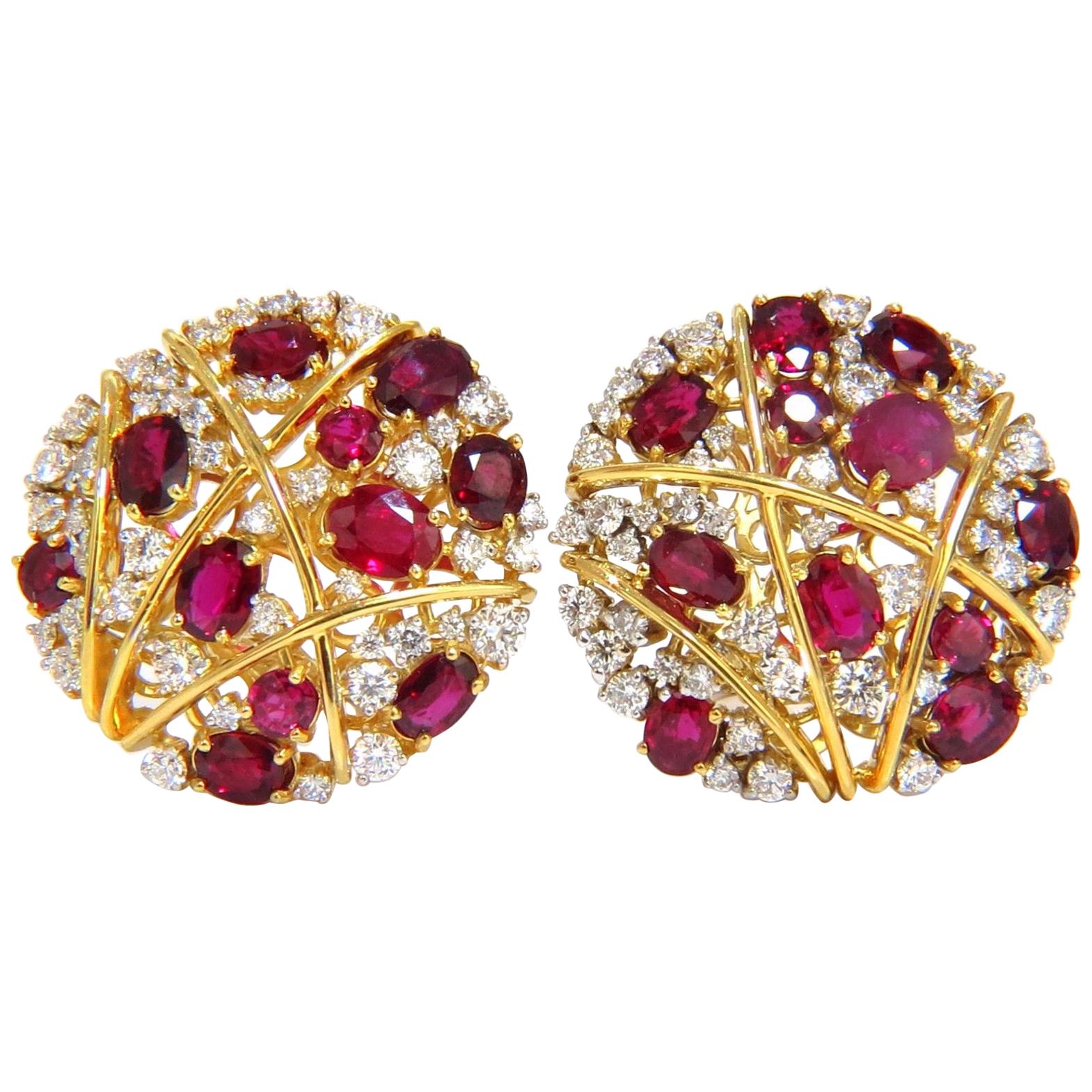 13.20 Carat Natural Red Ruby Diamond Cocktail Cluster Earrings Mod Deco Strip For Sale