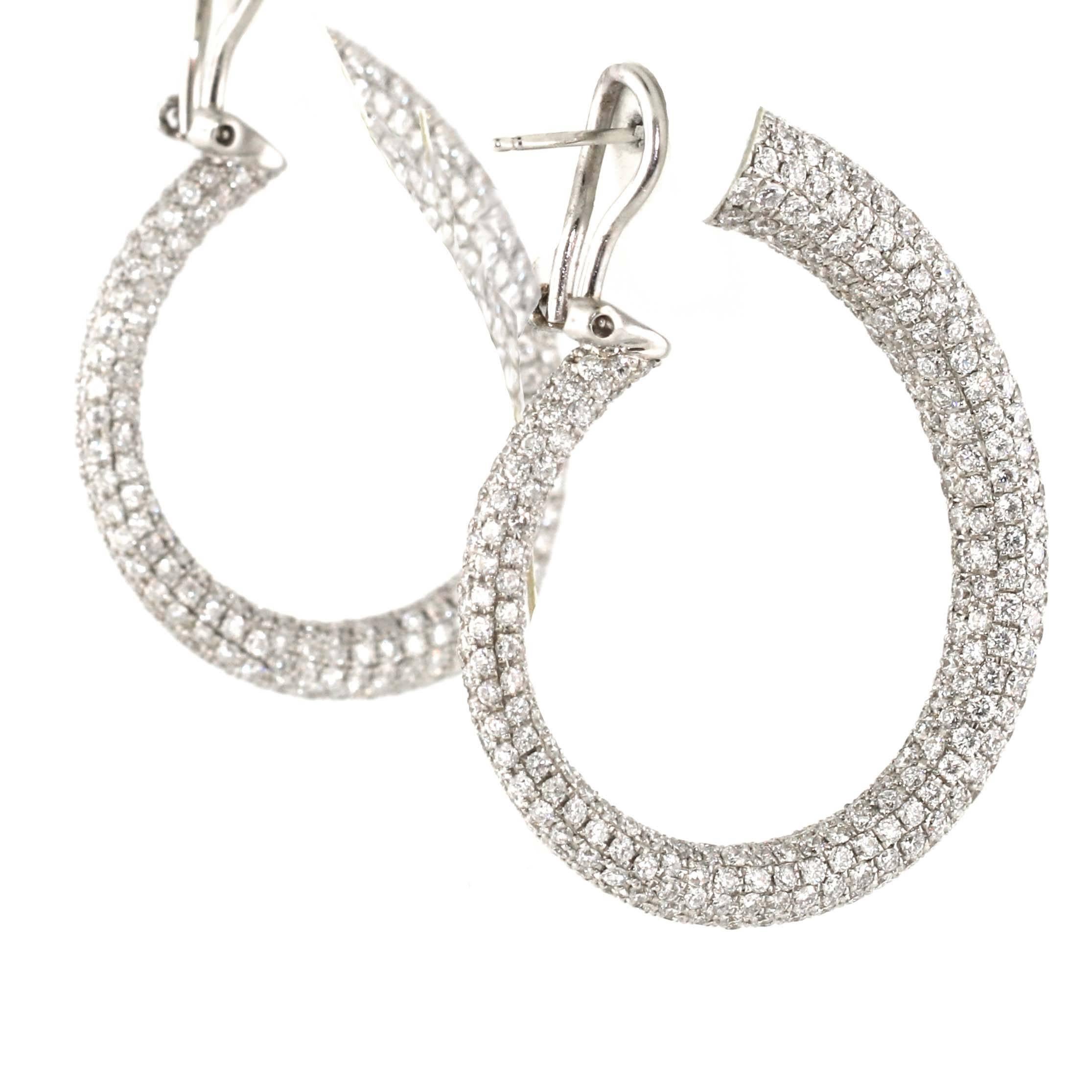 Round Cut 13.20 Carat White Diamond Hoops Earrings, Full Pave, Inside/Out