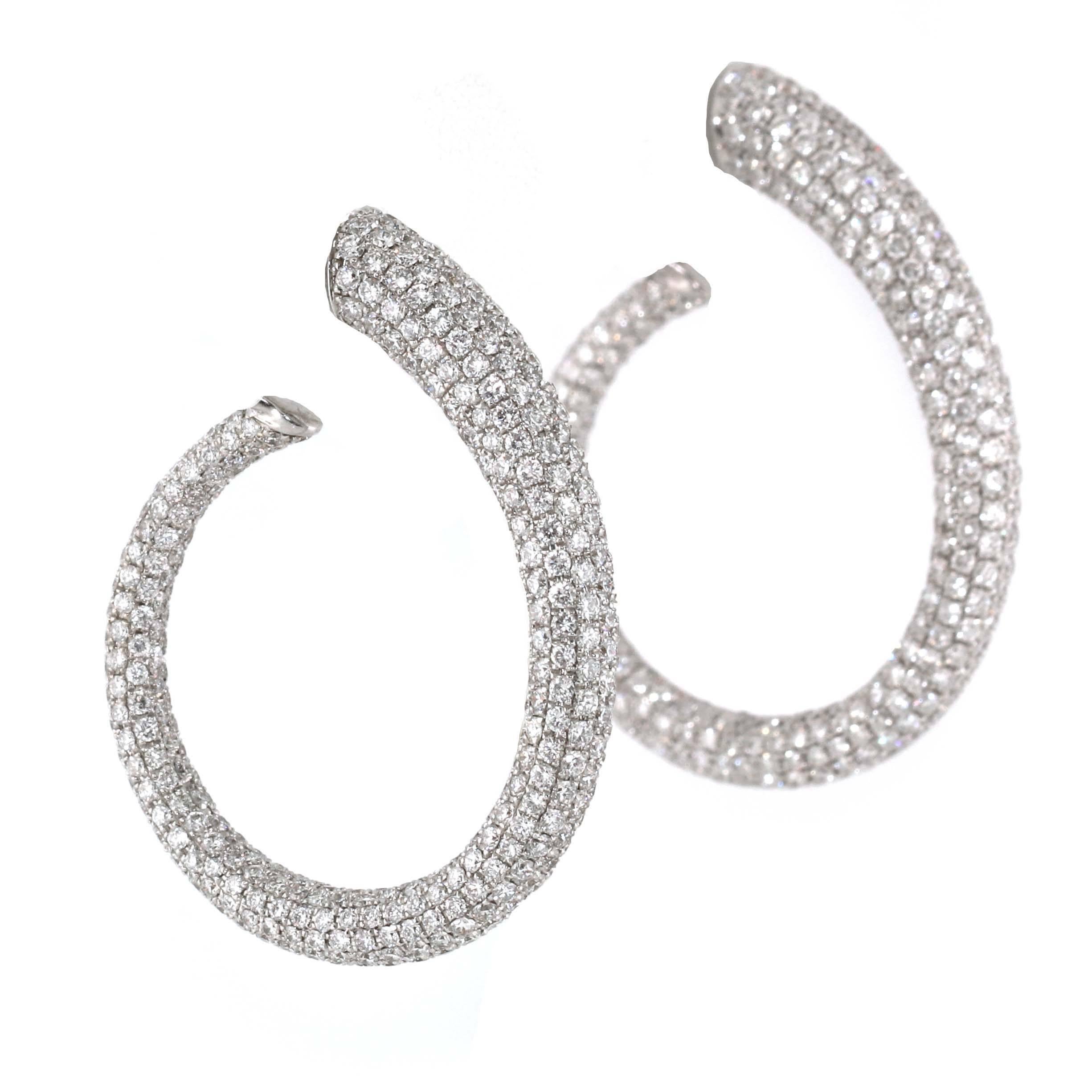 13.20 Carat White Diamond Hoops Earrings, Full Pave, Inside/Out