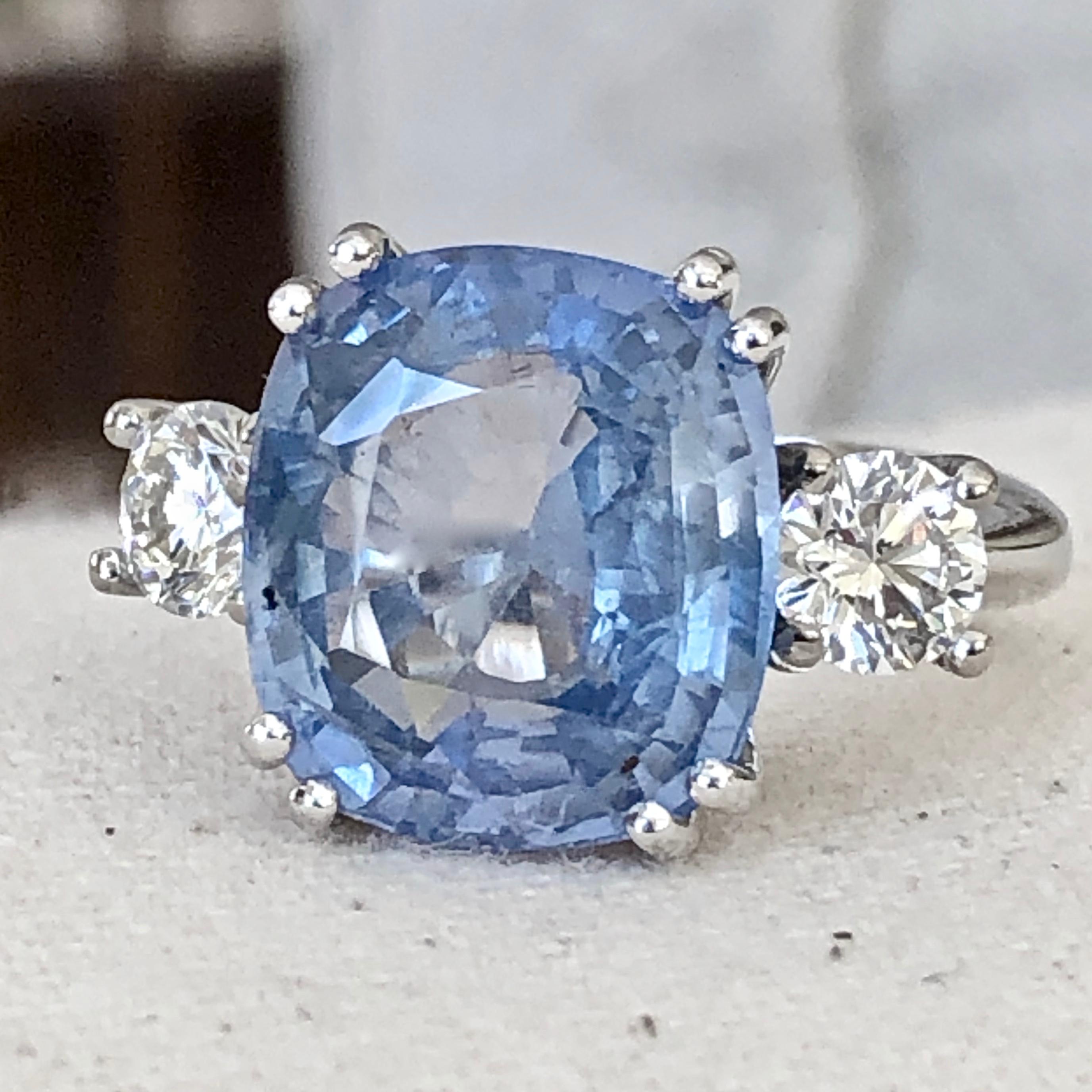 Cushion Cut Emeralds Maravellous 13.10 Carat Unheated Ceylon Blue Sapphire Diamond Ring For Sale