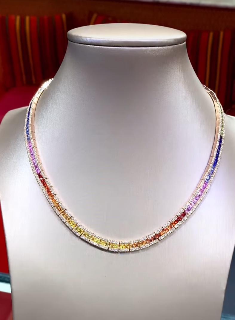 An exclusive colorful tennis necklace, so particular and lively piece.Adorn your neck and adds a touch of class and glamour on your outfit. 
Stunning necklace come in rosè 18k gold with 86 pieces of Natural Ceylon Sapphires, in perfect baguettes cut