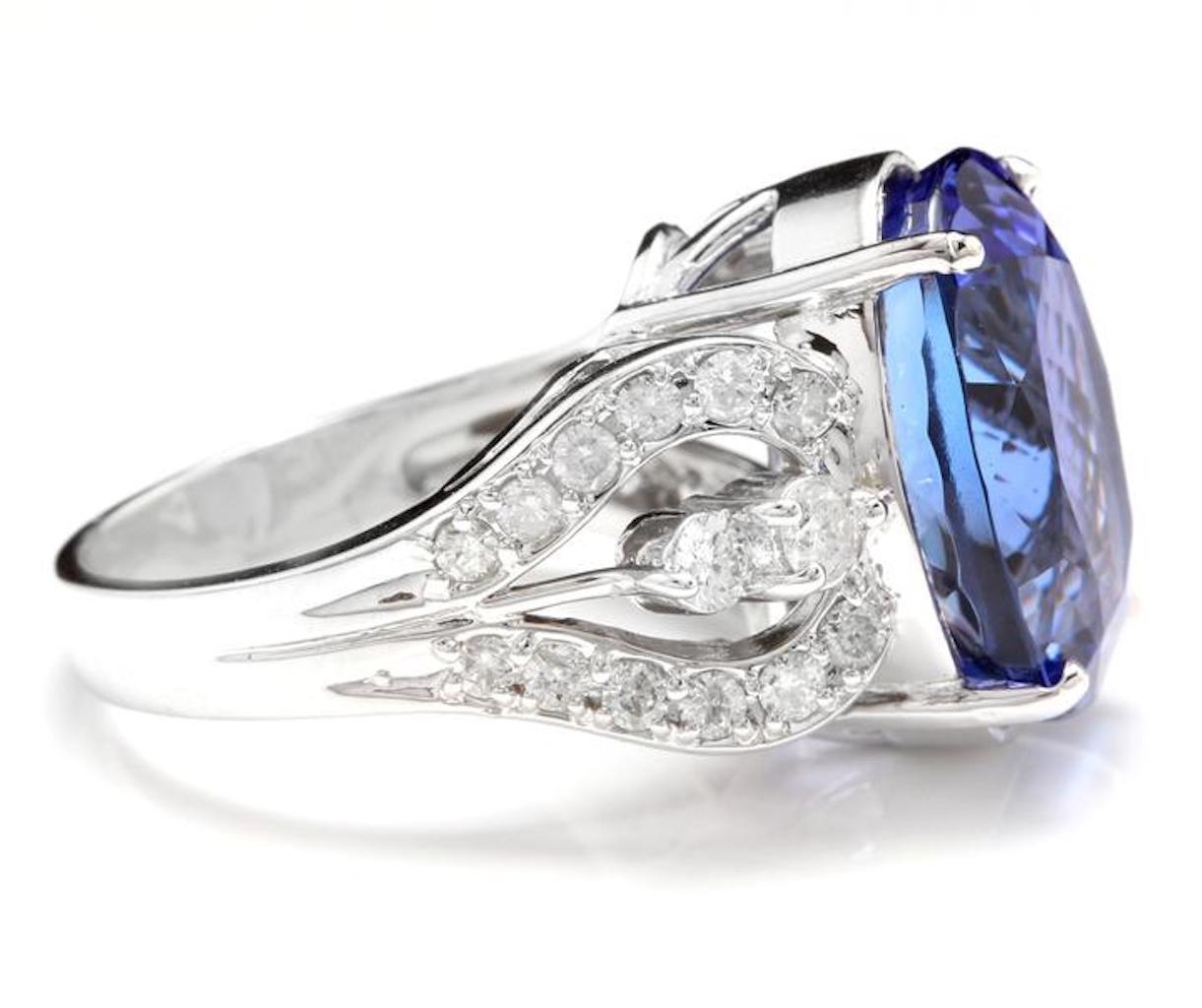 Mixed Cut 13.20 Carat Natural Tanzanite and Diamond 14 Karat Solid White Gold Ring For Sale