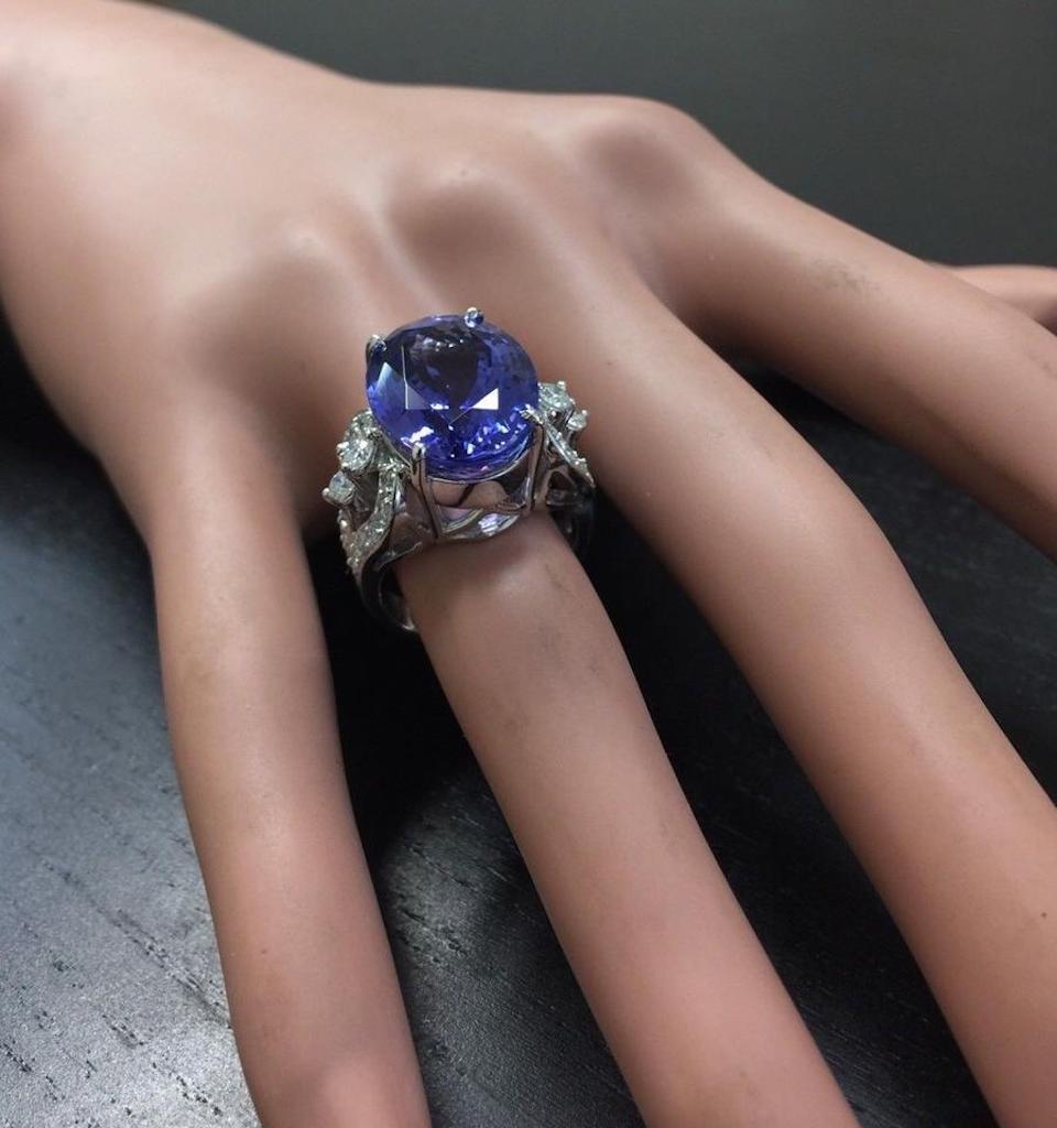 13.20 Carat Natural Tanzanite and Diamond 14 Karat Solid White Gold Ring For Sale 1