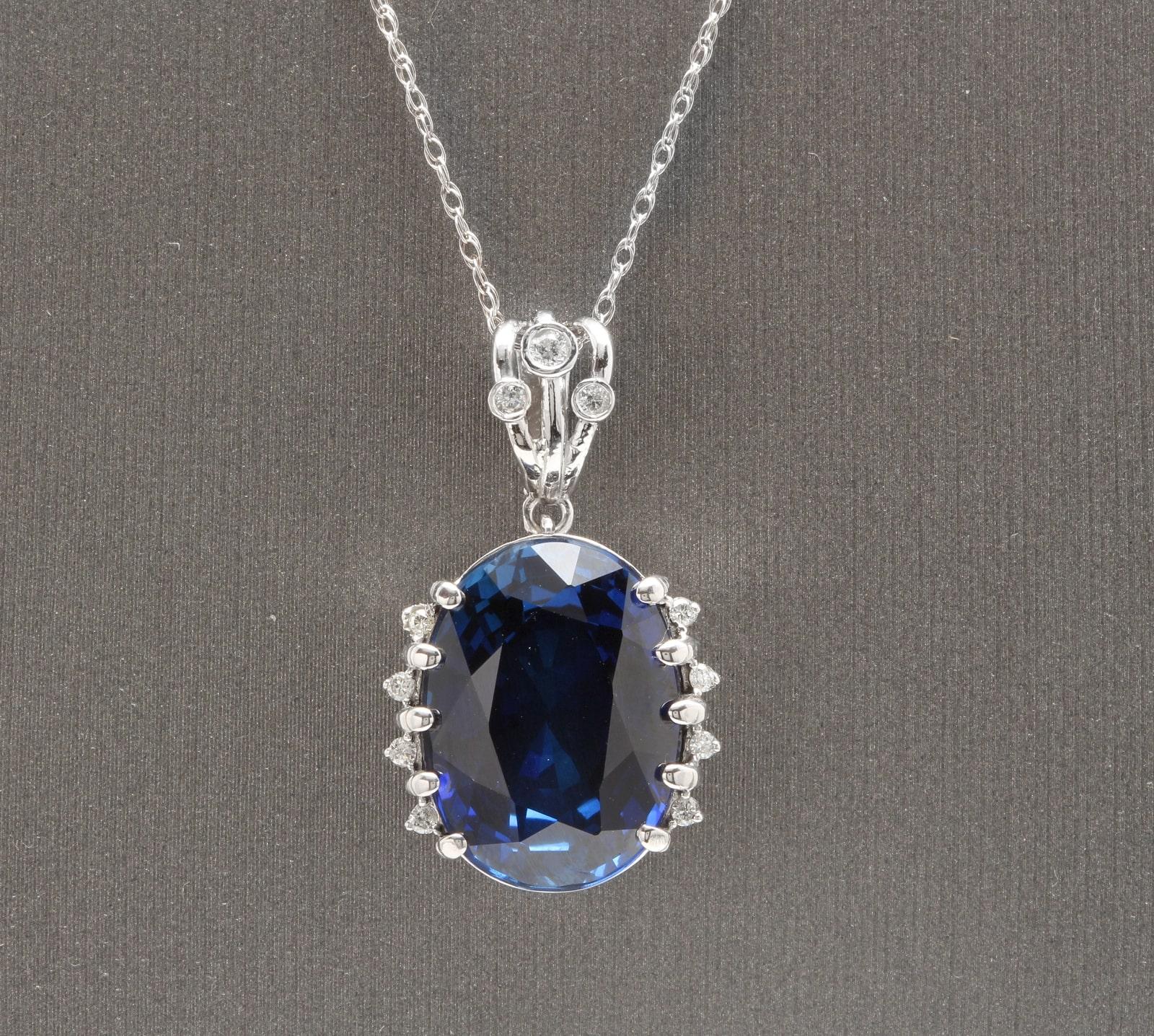 Mixed Cut 13.20Ct Lab Created Sapphire and Diamond 14K Solid White Gold Necklace For Sale