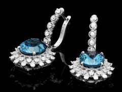 13.20Ct Natural London Blue Topaz and Diamond 14K White Gold Earrings