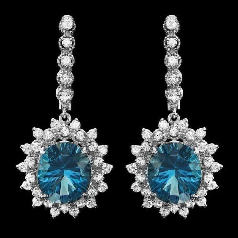 Mixed Cut 13.20Ct Natural London Blue Topaz and Diamond 14K White Gold Earrings For Sale