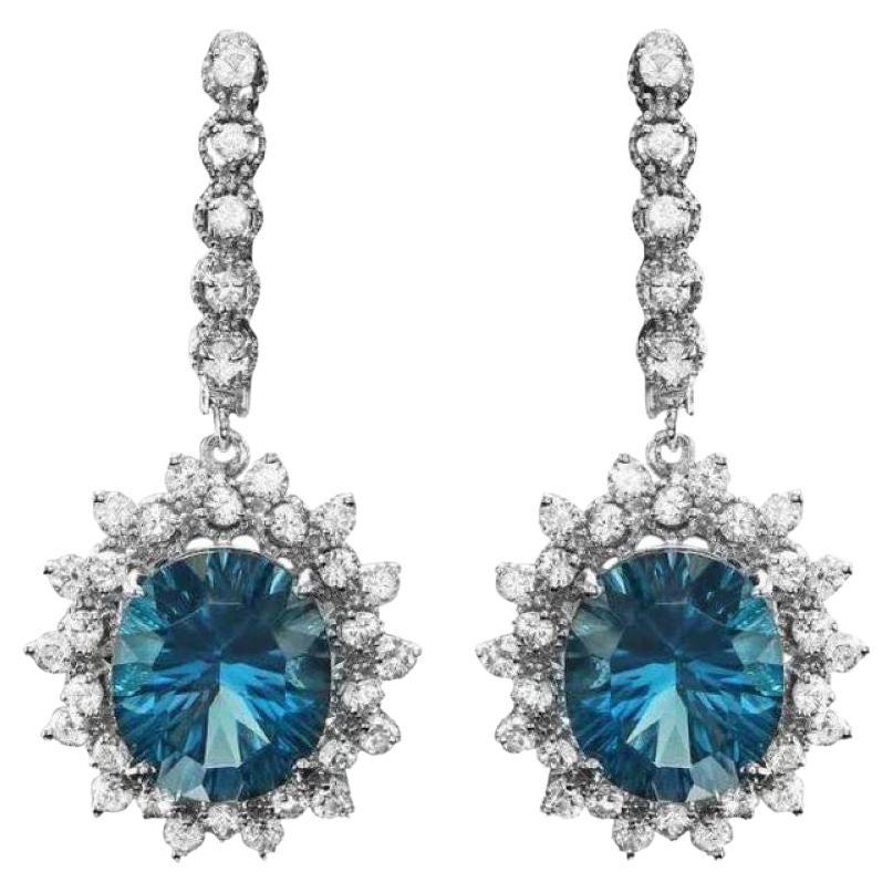Boucles d'oreilles en or blanc 14 carats avec topaze bleue naturelle de Londres 13,20 carats et diamants