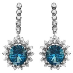 13.20Ct Natural London Blue Topaz and Diamond 14K White Gold Earrings