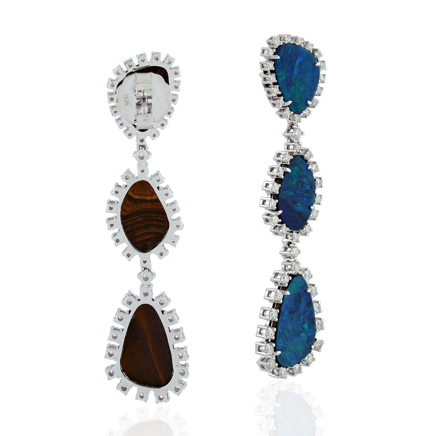 Contemporary 13.21 Carat Opal Diamond 18 Karat Gold Triple Drop Earrings For Sale