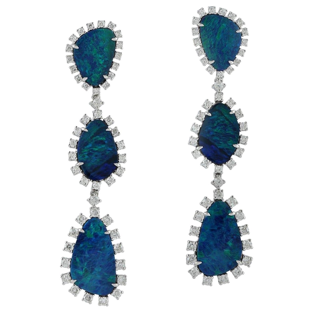 13.21 Carat Opal Diamond 18 Karat Gold Triple Drop Earrings For Sale