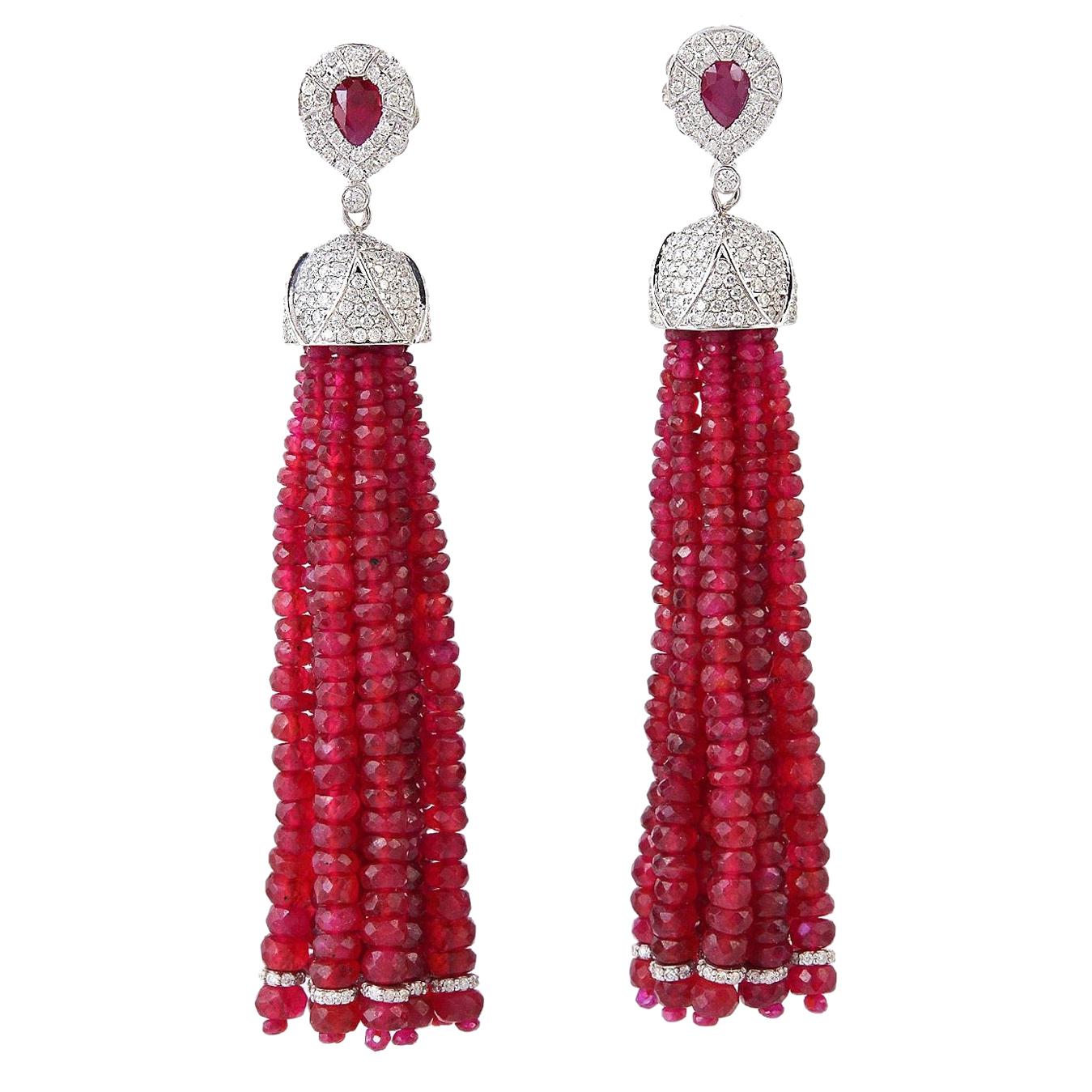 132.14 Carat Ruby Diamond 18 Karat Gold Chandelier Drop Tassel Earrings