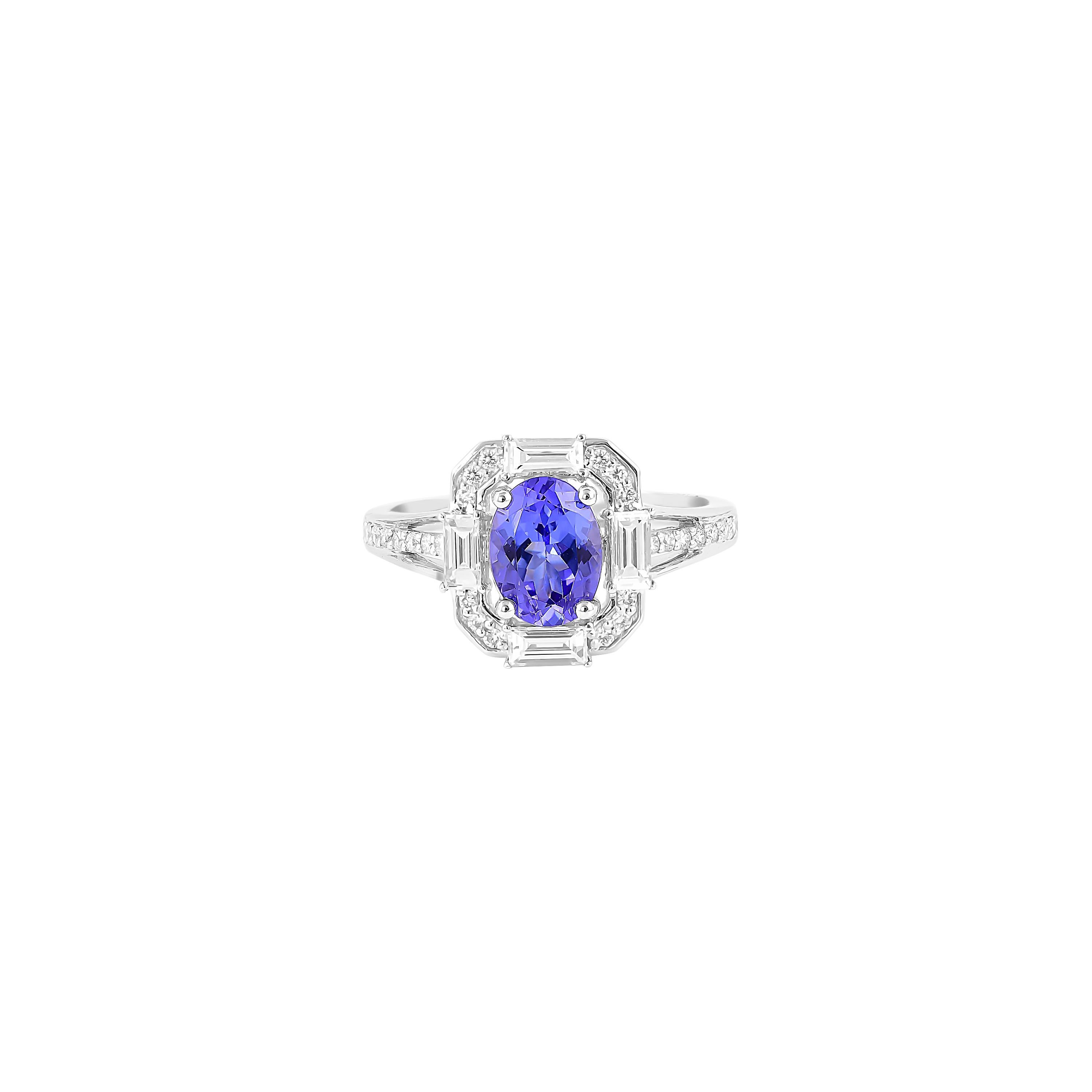 Oval Cut 1.322 Carat Tanzanite Ring in 18 Karat White Gold with Diamond. For Sale