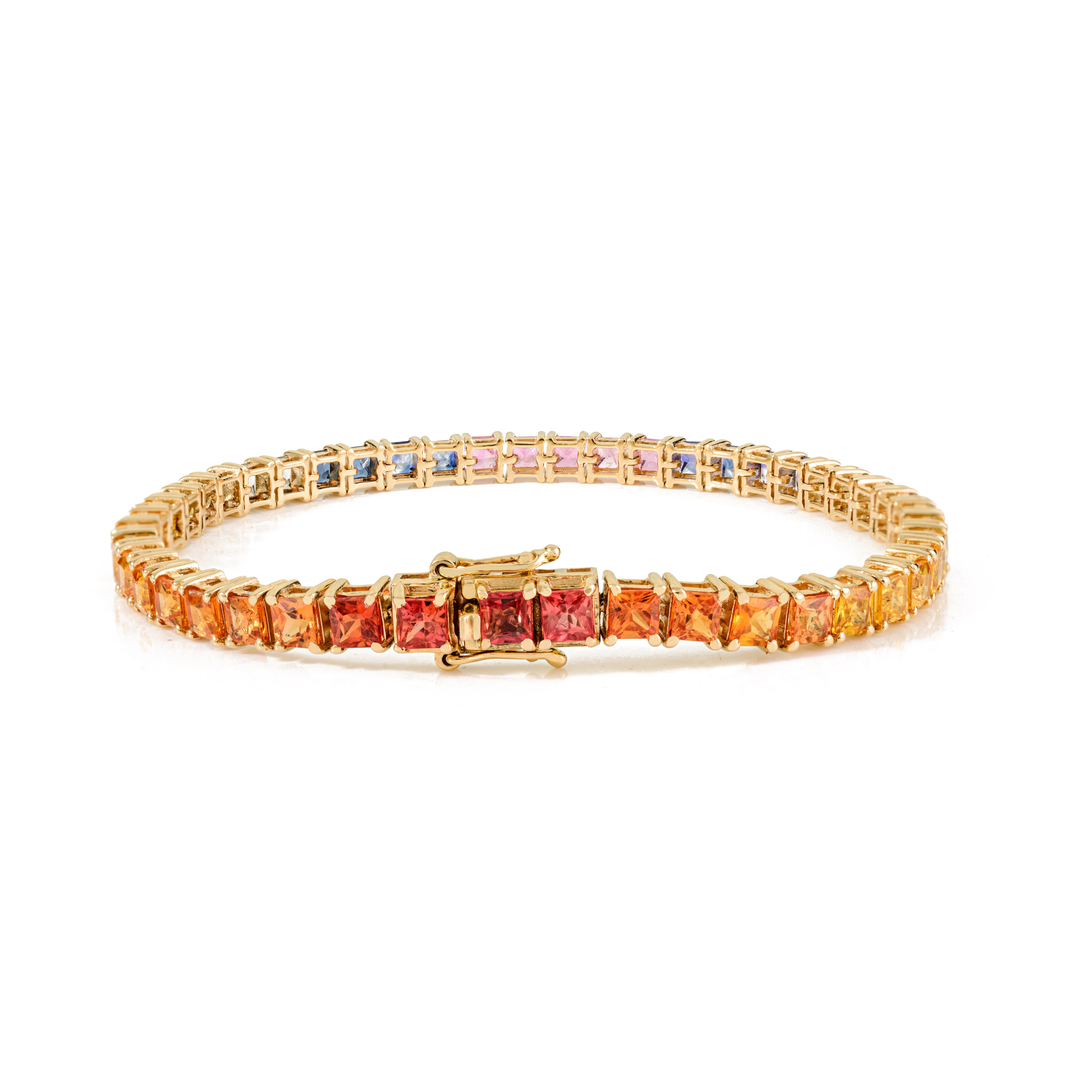 Modern 13.23 CTW Asscher Cut Rainbow Sapphire Tennis Bracelet Set in 14K Yellow Gold For Sale