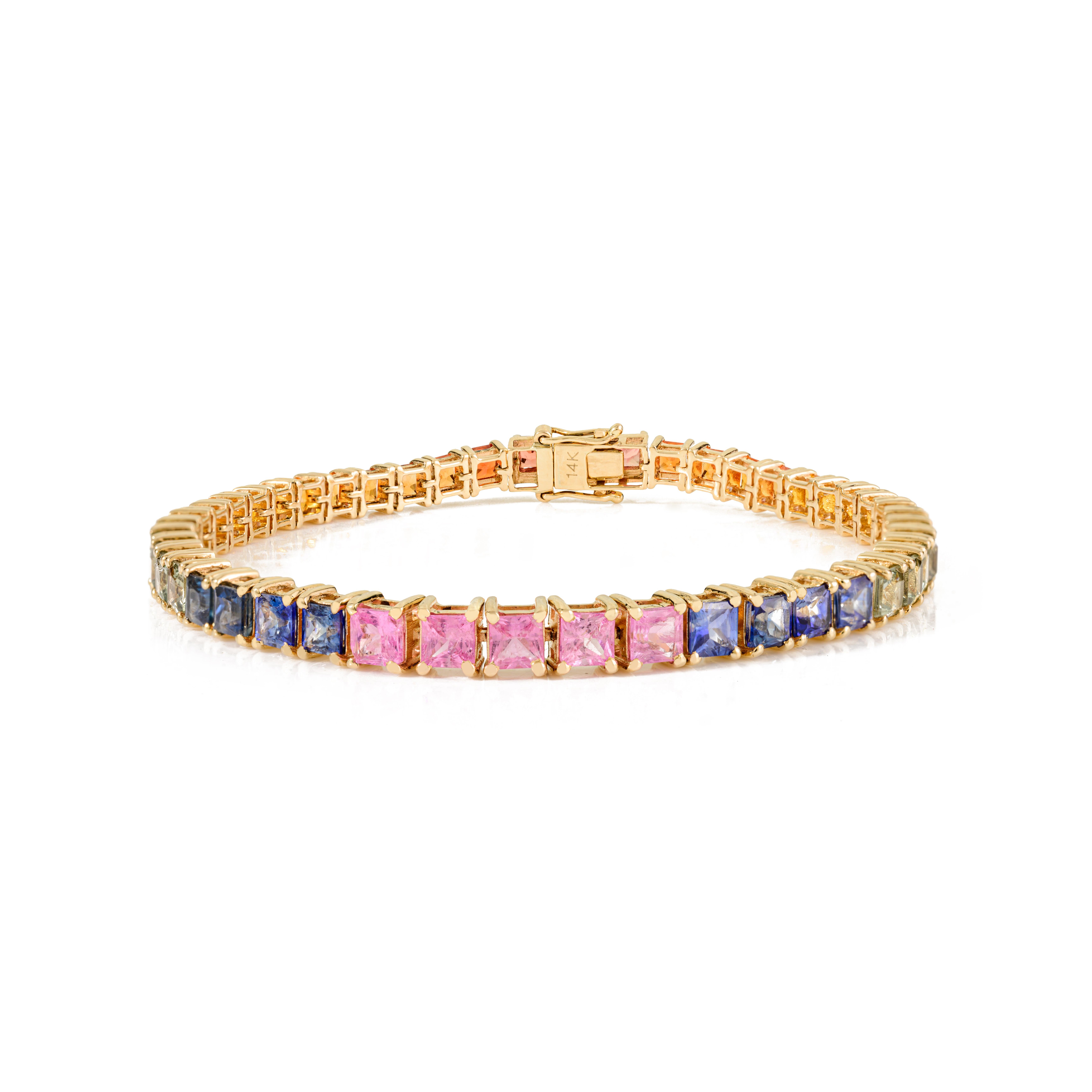 Women's 13.23 CTW Asscher Cut Rainbow Sapphire Tennis Bracelet Set in 14K Yellow Gold For Sale
