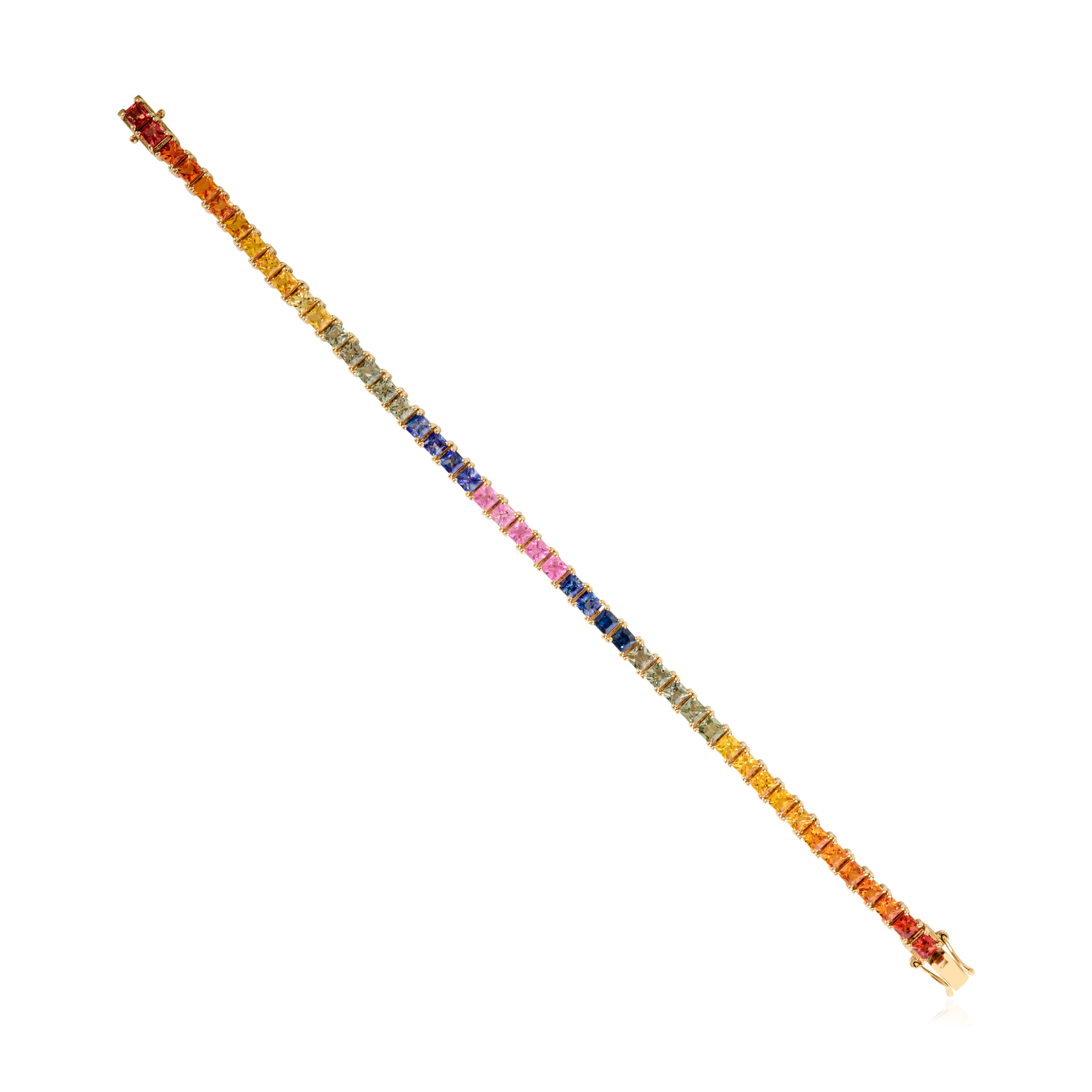 13.23 CTW Asscher Cut Rainbow Sapphire Tennis Bracelet Set in 14K Yellow Gold For Sale 2