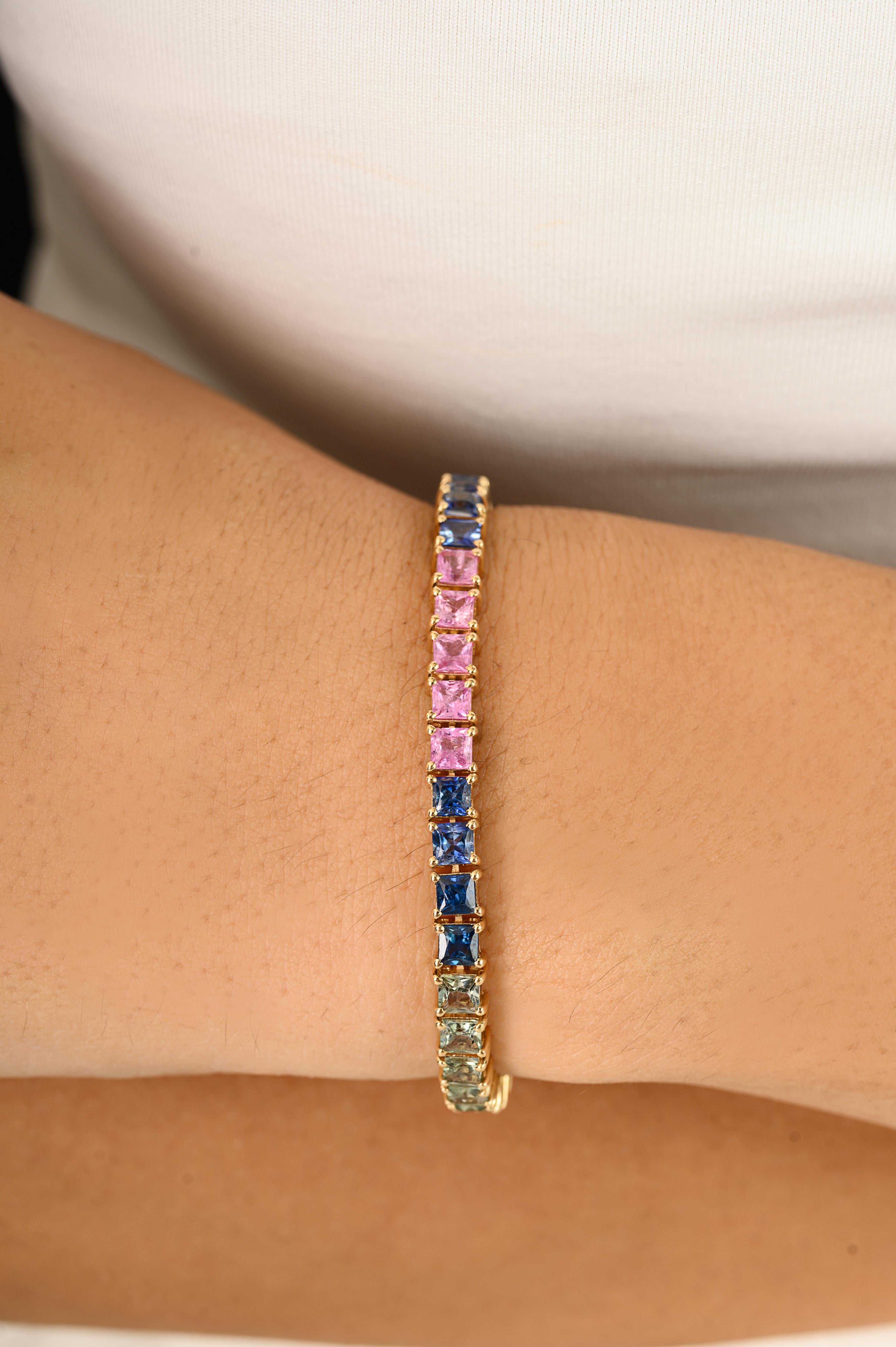 13.23 CTW Asscher Cut Rainbow Sapphire Tennis Bracelet Set in 14K Yellow Gold For Sale 3