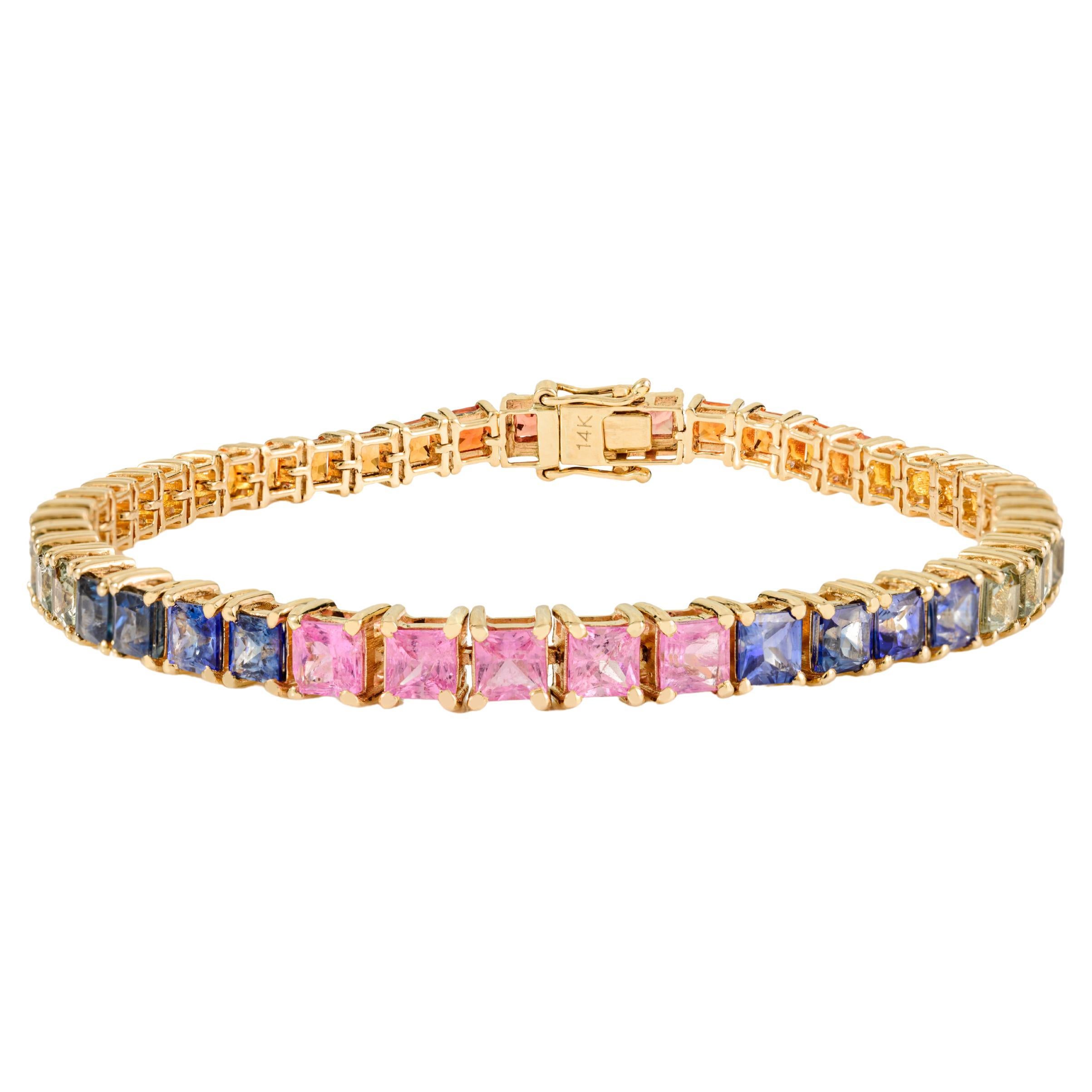 13.23 CTW Asscher Cut Rainbow Sapphire Tennis Bracelet Set in 14K Yellow Gold For Sale