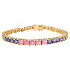 13.23 CTW Asscher Cut Rainbow Sapphire Tennis Bracelet Set in 14K Yellow Gold