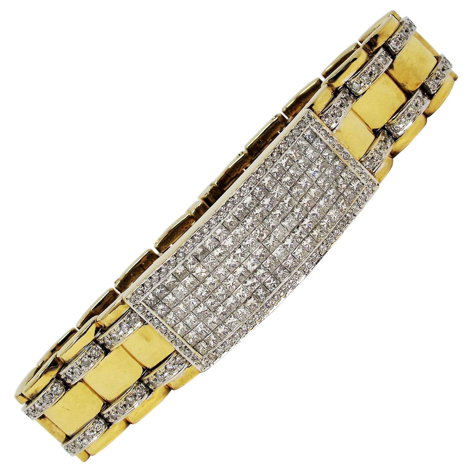 13.24 Carats Total Weight Princess Cut Diamond ID Link Bracelet in 14 Karat Gold For Sale