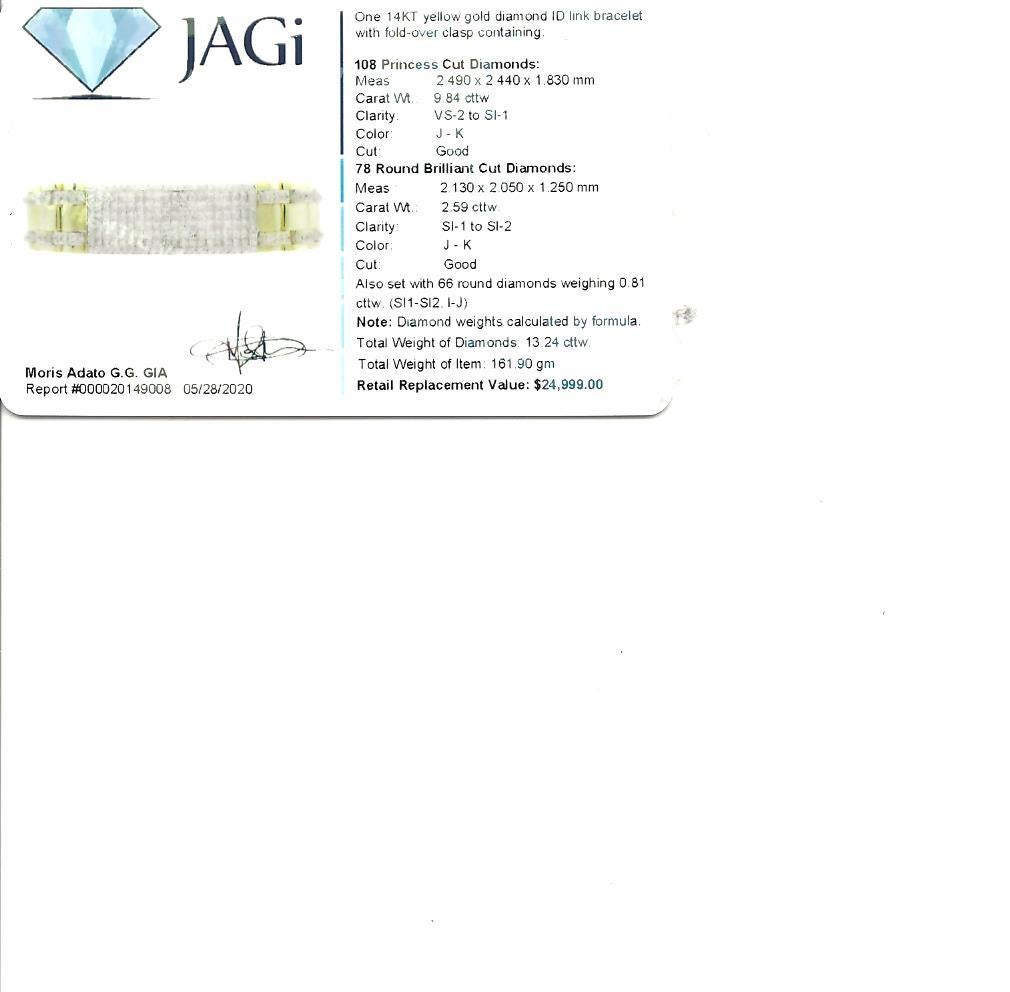 13.24 Carats Total Weight Princess Cut Diamond ID Link Bracelet in 14 Karat Gold For Sale 3