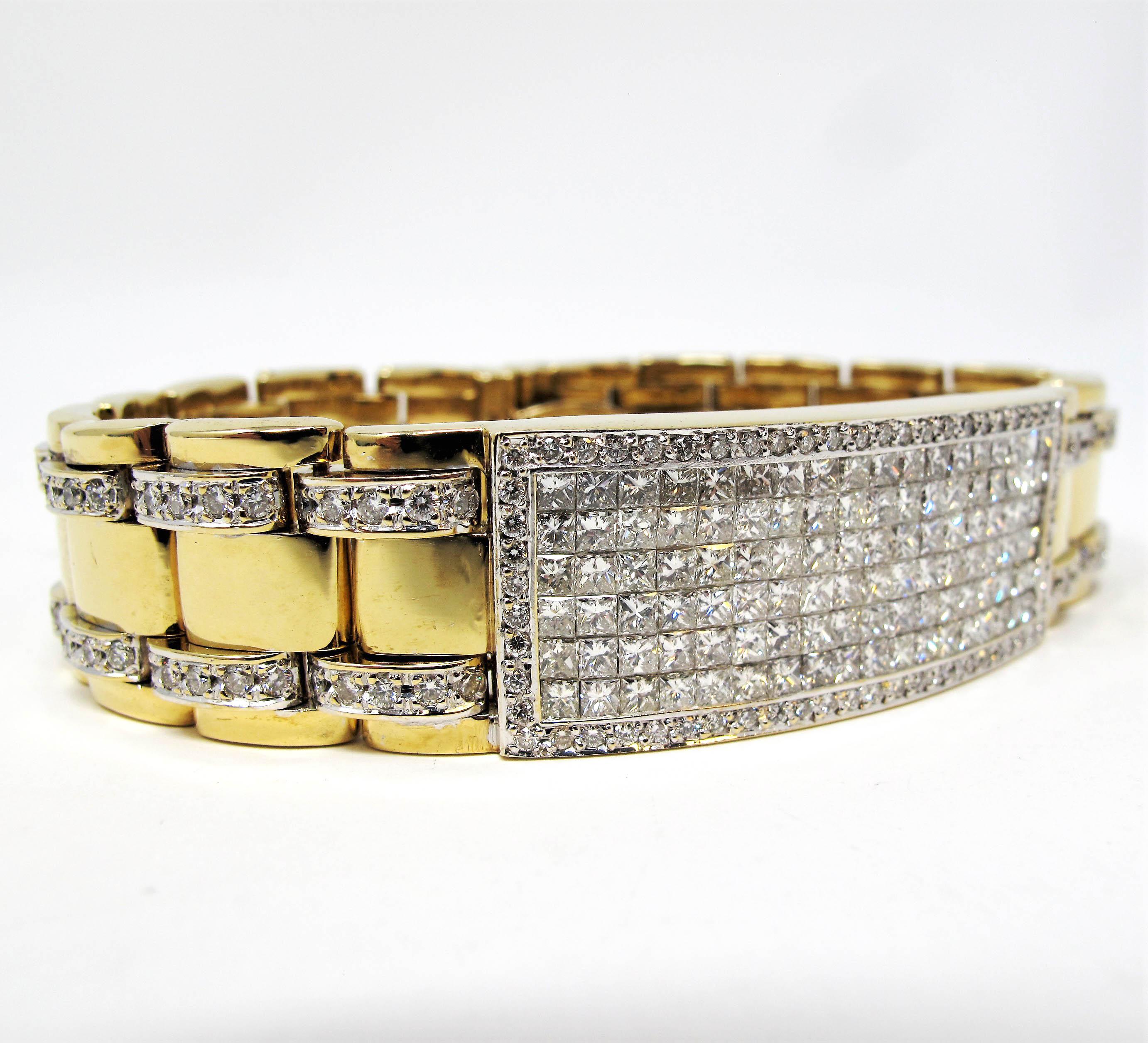 This striking mens pave diamond and 14 karat yellow gold ID link bracelet makes a bold and extravagant statement. The contemporary design of this gorgeous piece looks handsome on the wrist, really drawing the viewers attention to over 250 incredible