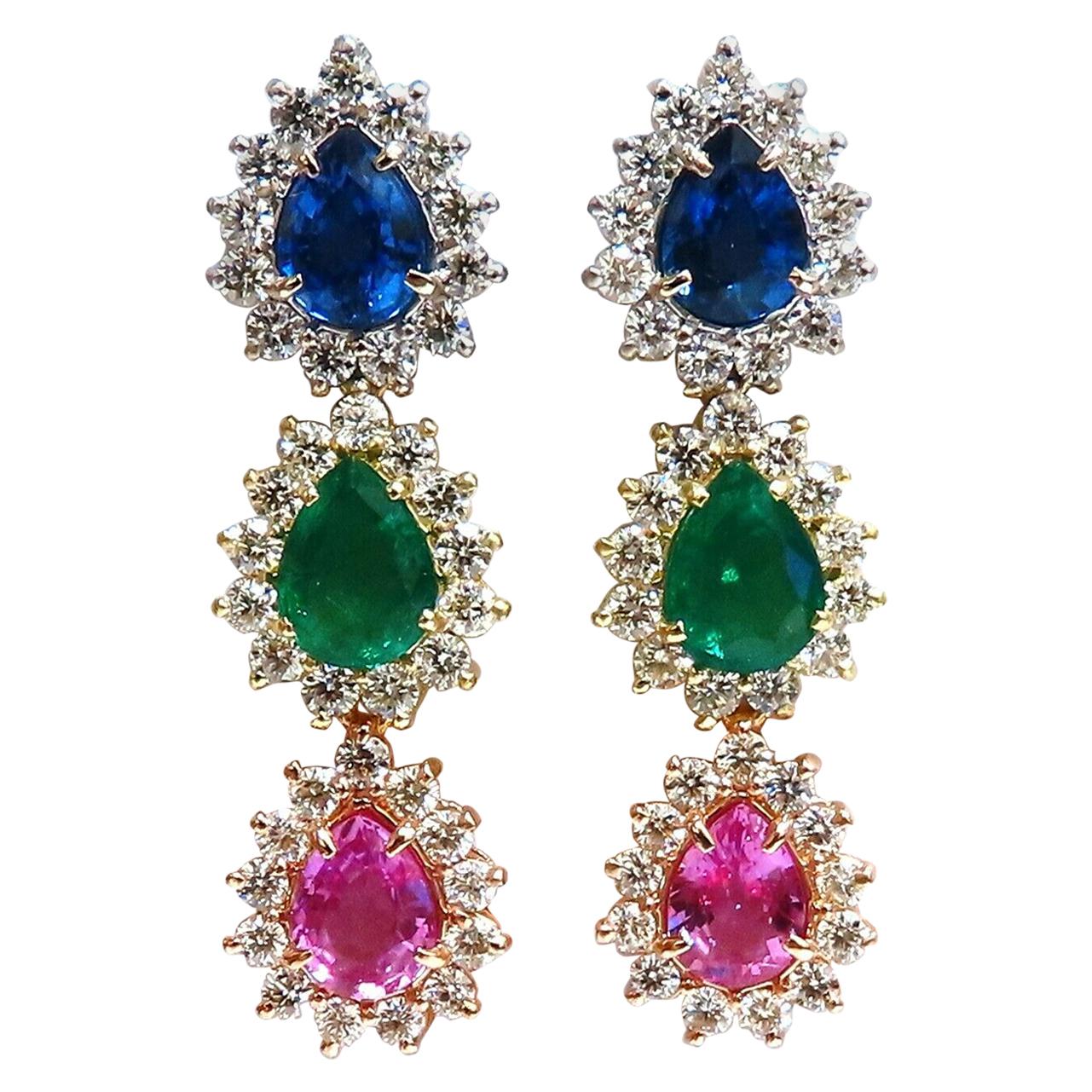 13.24Ct Natural Emeralds and Sapphires Three-Tier Dangle Earrings 18 Karat Pears For Sale