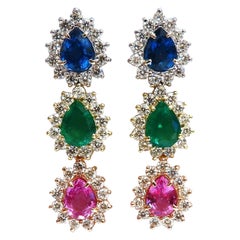 13.24Ct Natural Emeralds and Sapphires Three-Tier Dangle Earrings 18 Karat Pears
