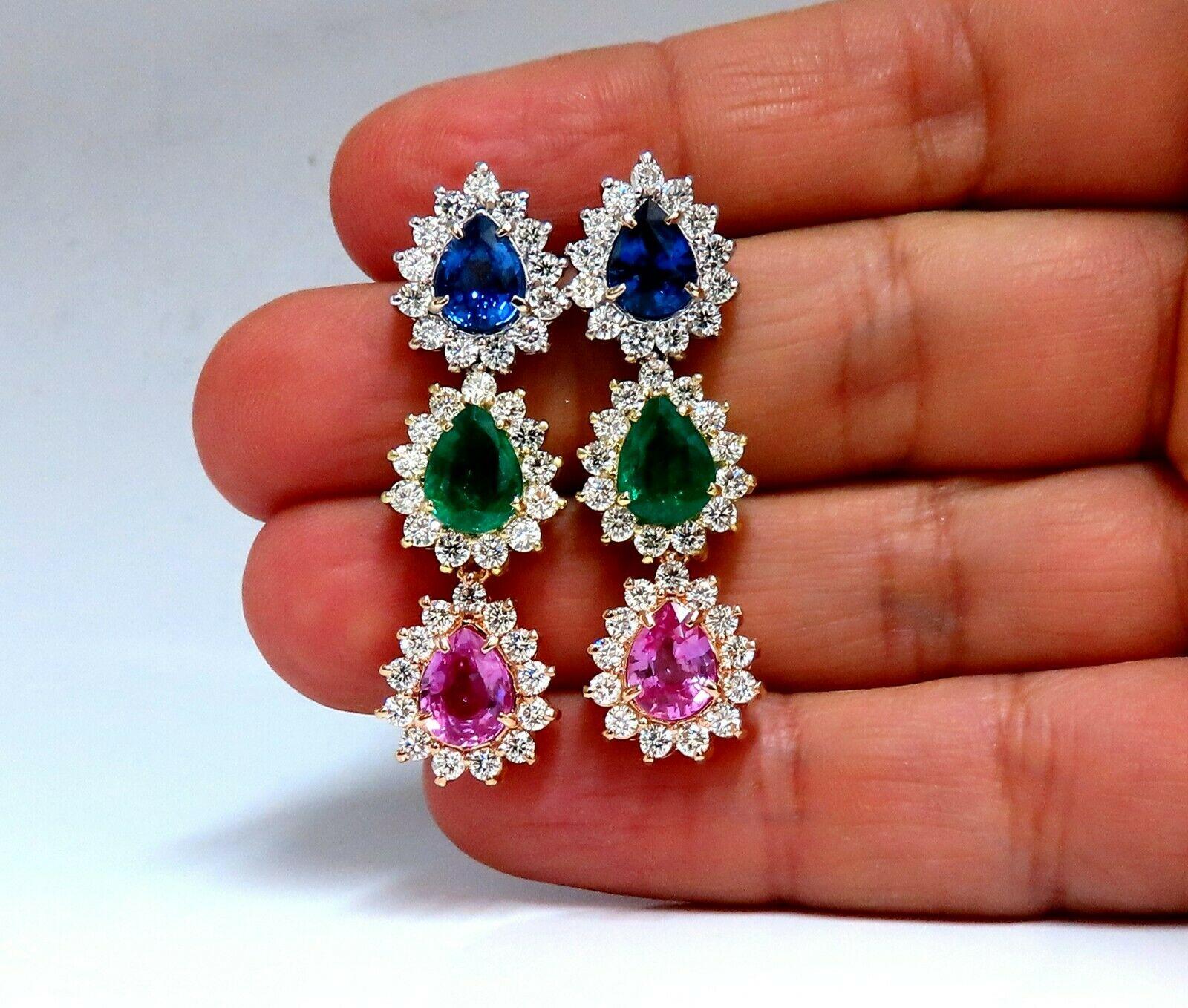 Pear Cut 13.24Ct Natural Emeralds and Sapphires Three-Tier Dangle Earrings 18 Karat Pears For Sale