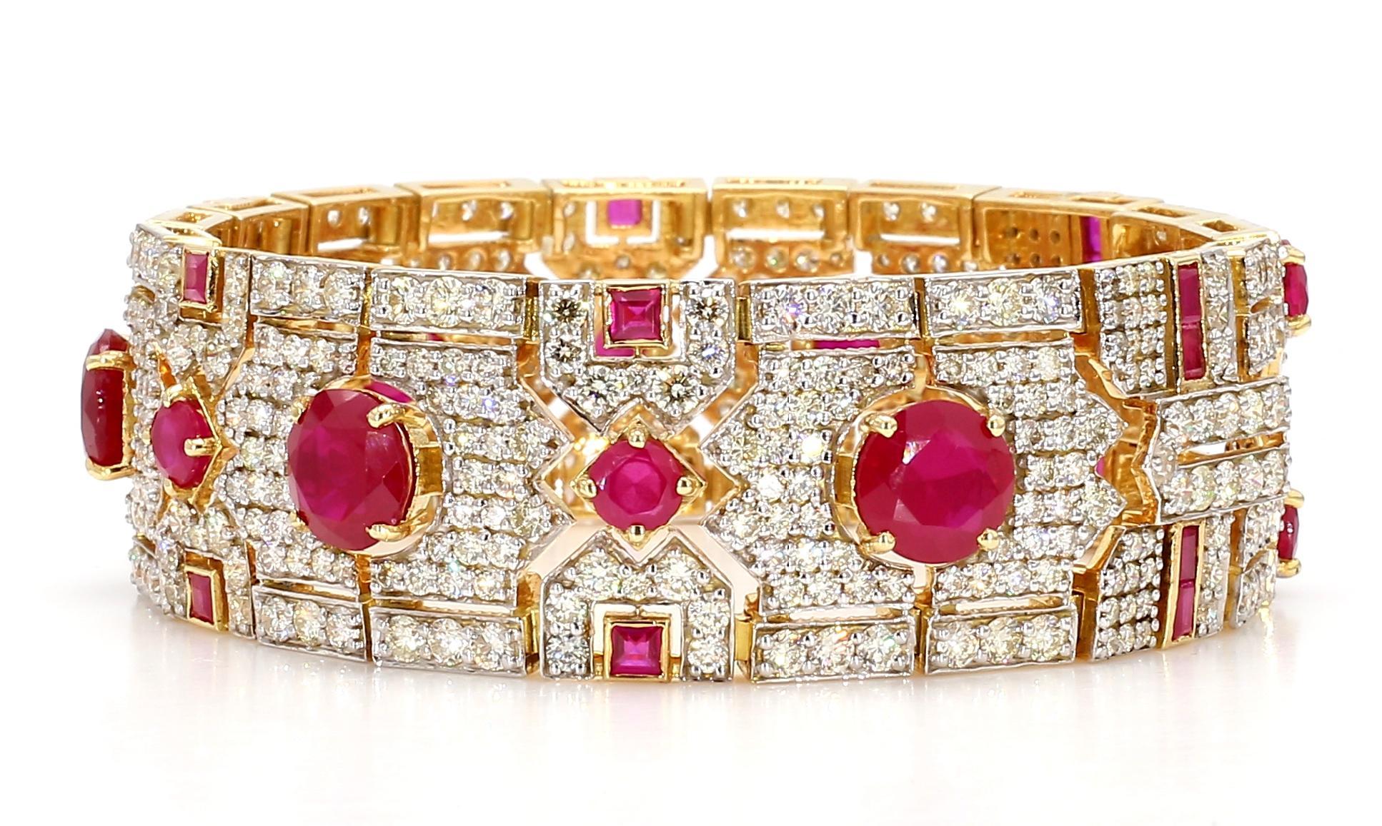 Round Cut 13.25 Carat Diamond 16.59 Carat Ruby Bracelet 18K White Gold For Sale