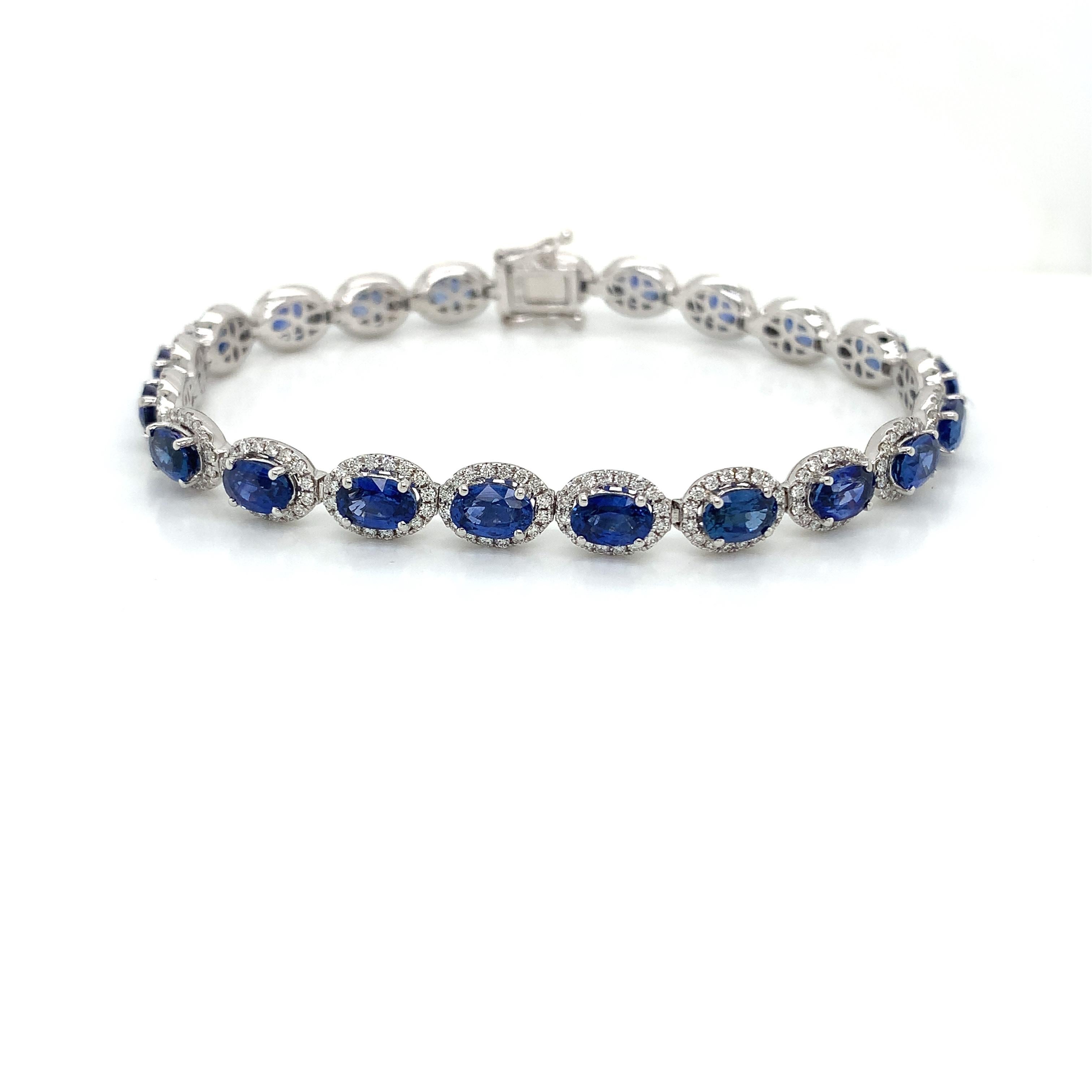 21 pieces of sapphires weighing 13.25 cts 
Measuring (6.0x4.0) mm
21 pieces of Diamonds weighing .64 cts
Set in 14k white gold bracelet
Bracelet is 7 inches