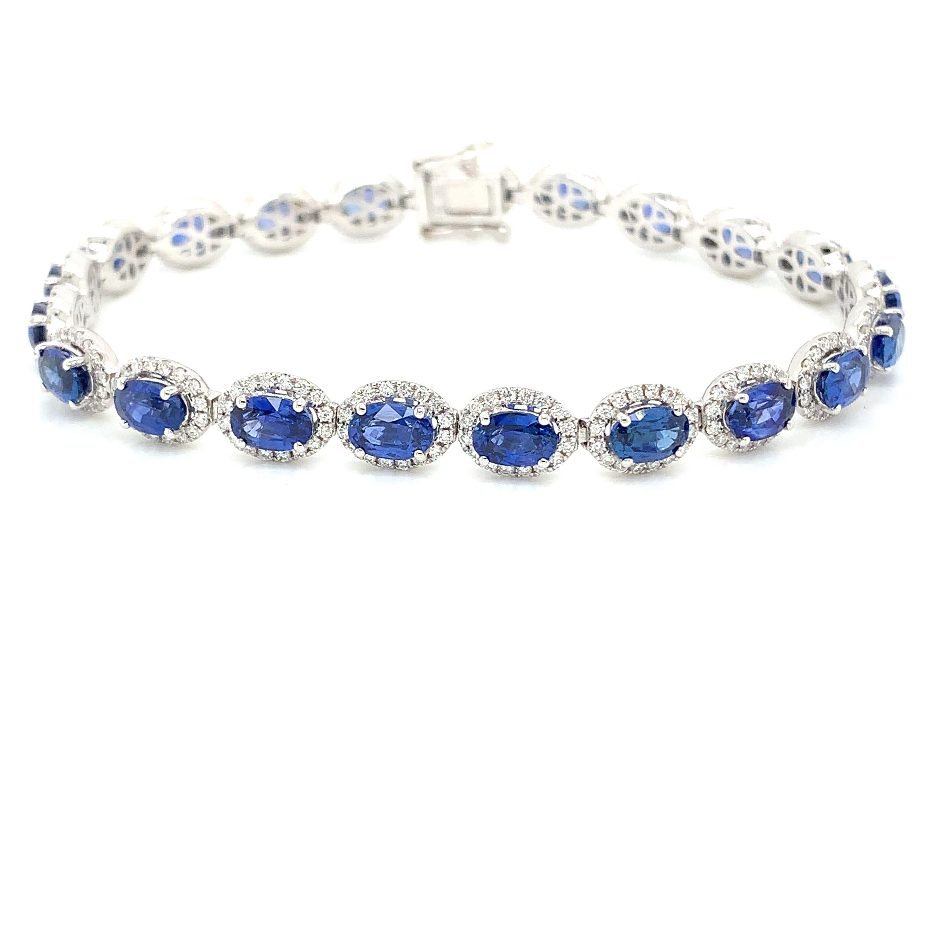 Oval Cut 13.25 Carat Sapphire & Diamond Bracelet in 14 Karat White Gold For Sale