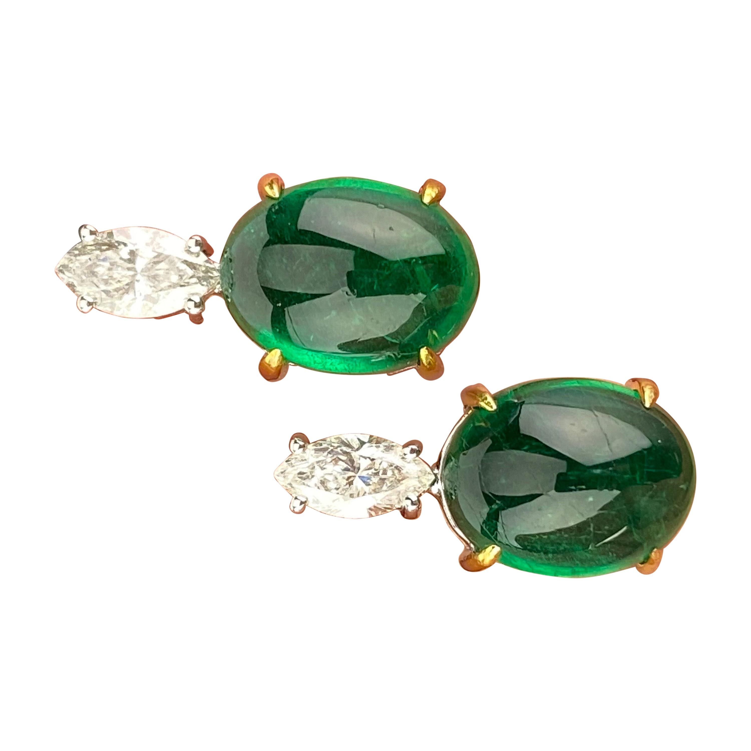 13.25 Carat Zambian Emerald Cabochon and Diamond Drop Earrings